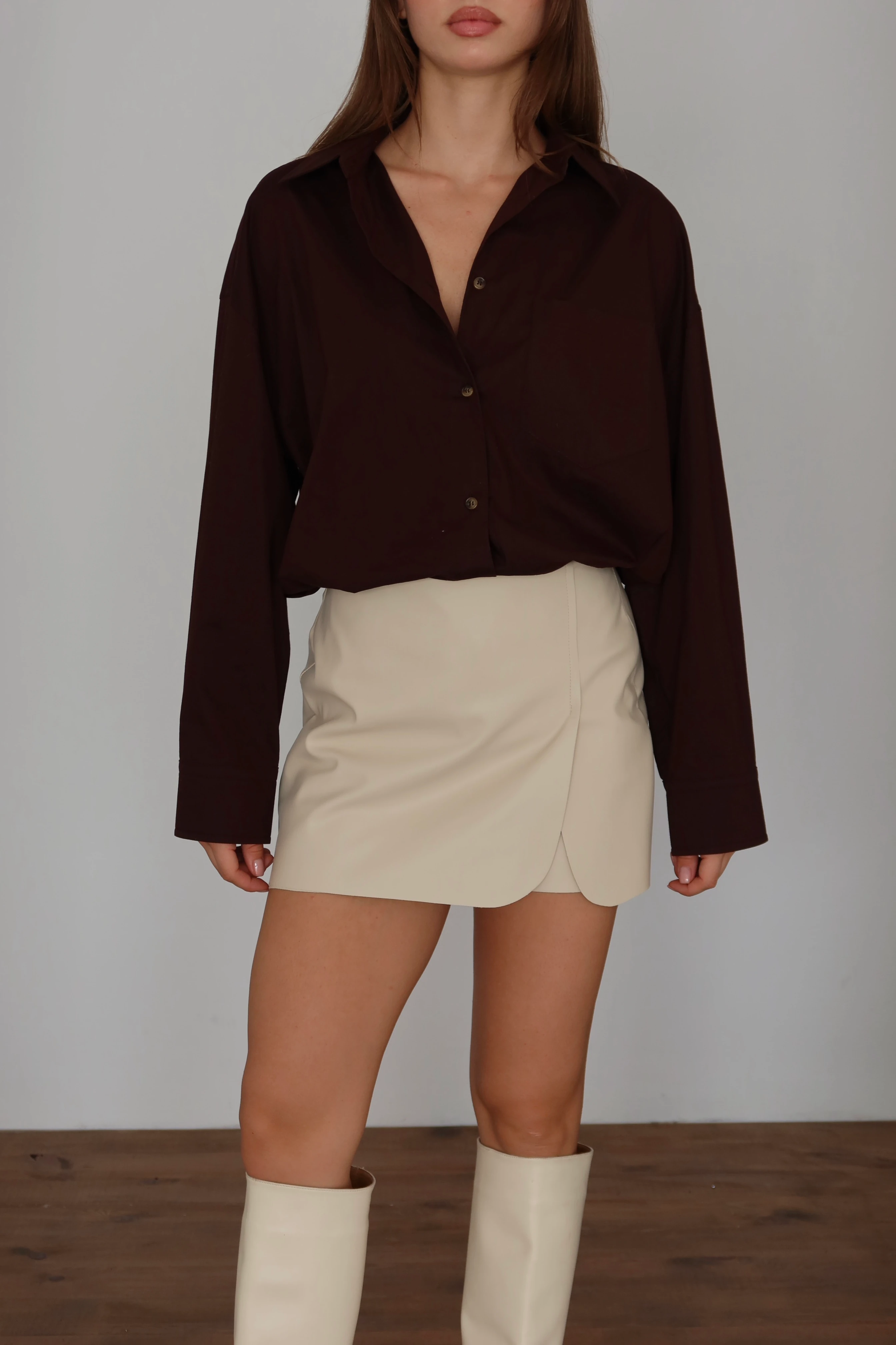 Kadın Deri Mini Şort Etek - EKRU