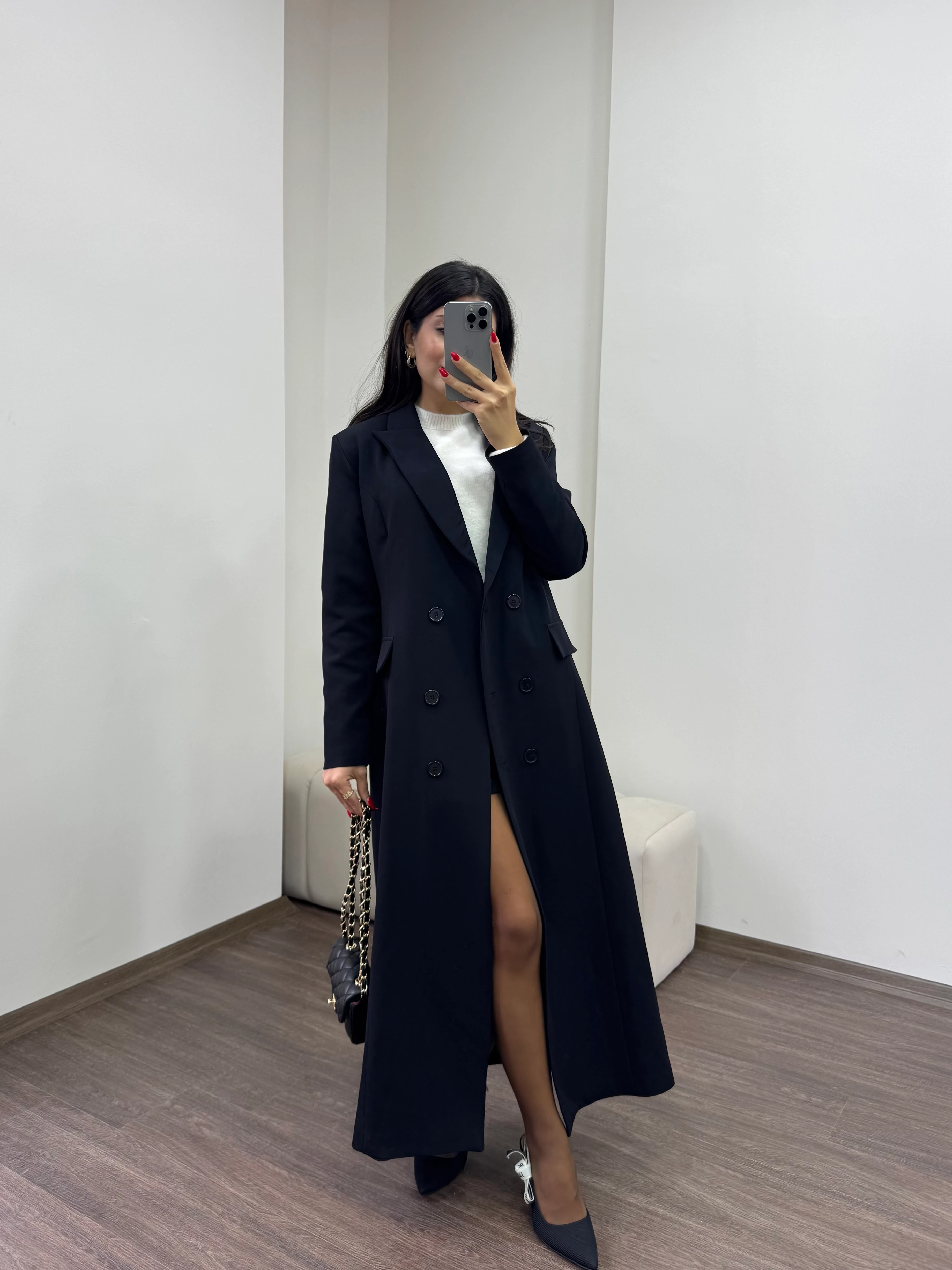 Kadın Cepli Uzun Tasarım Trençkot-Blazer Ceket