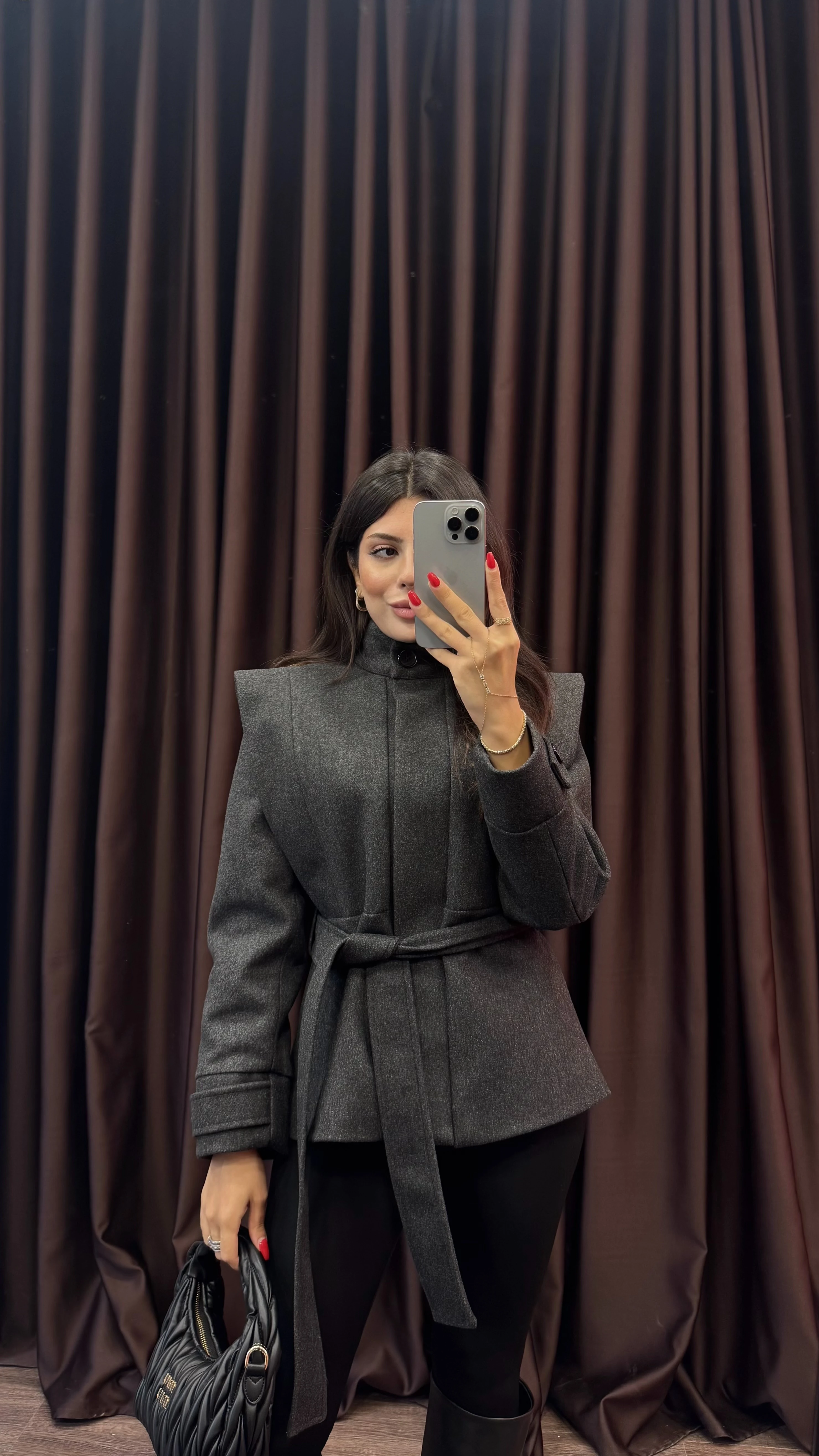 Kadın Vatkalı Kuşaklı Kaşe Premium Ceket