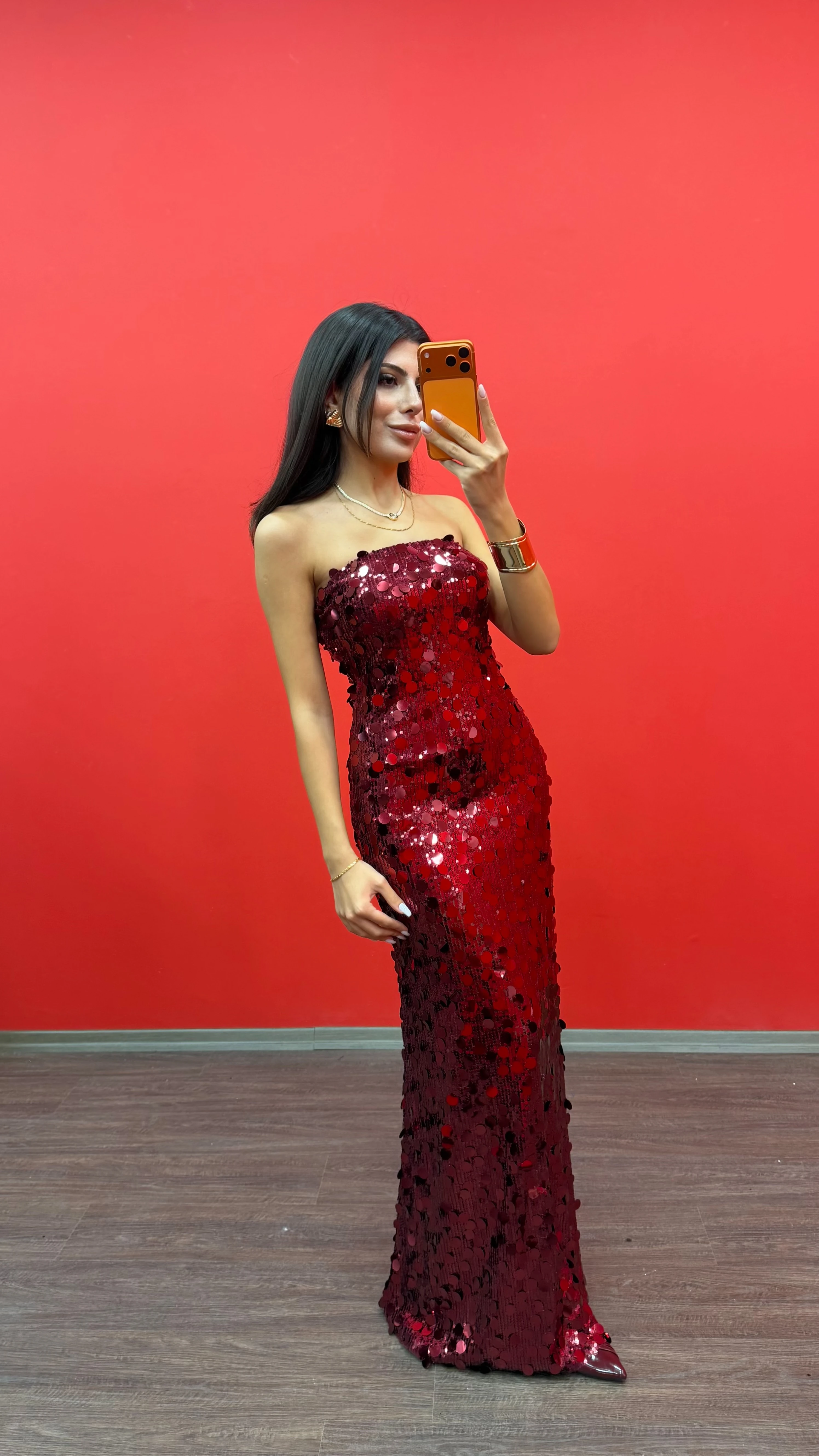 Kadın Pul Payet Maxi Elbise - BORDO