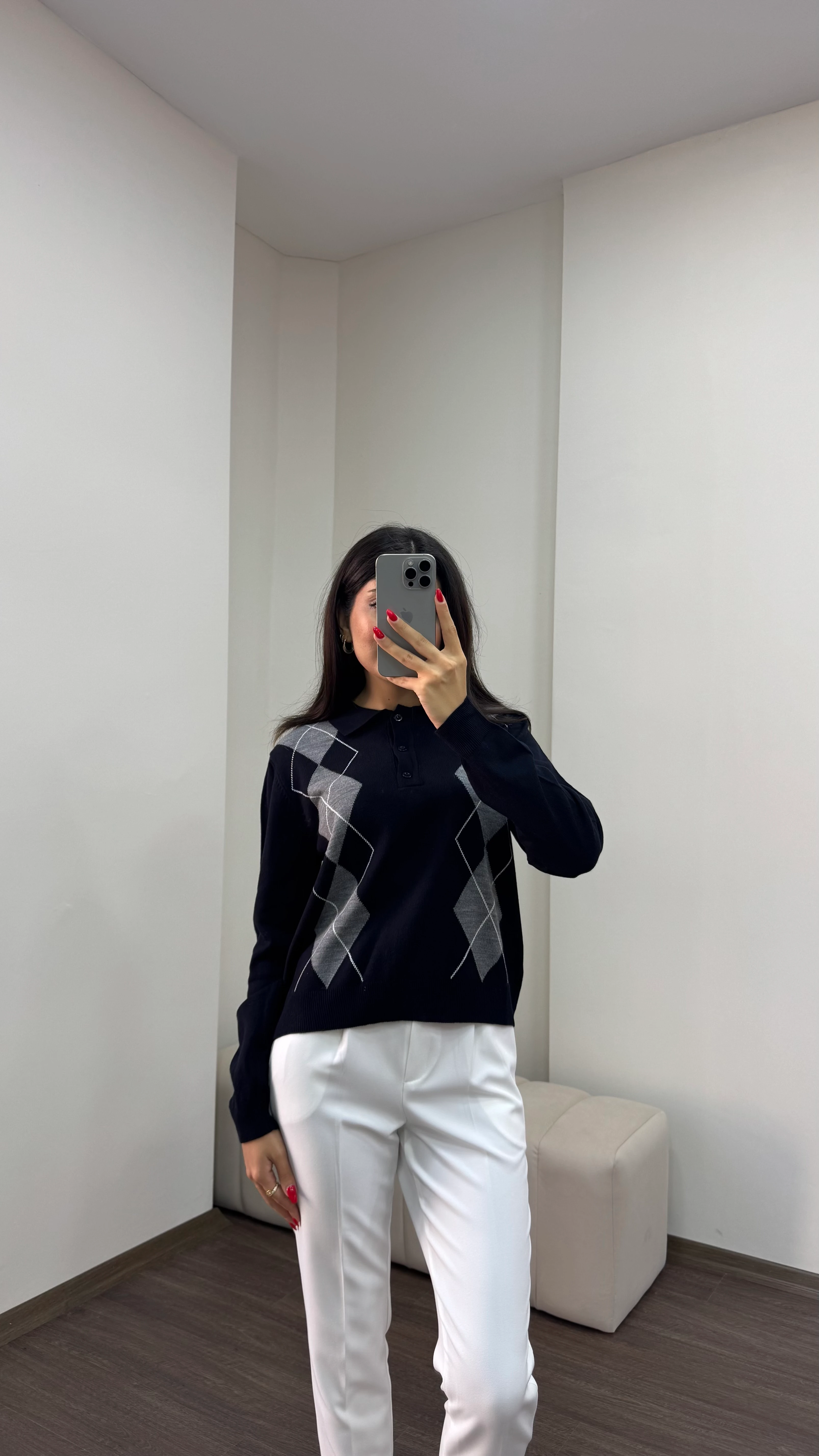 Kadın Polo Yaka Düğmeli Baklava Desen Triko