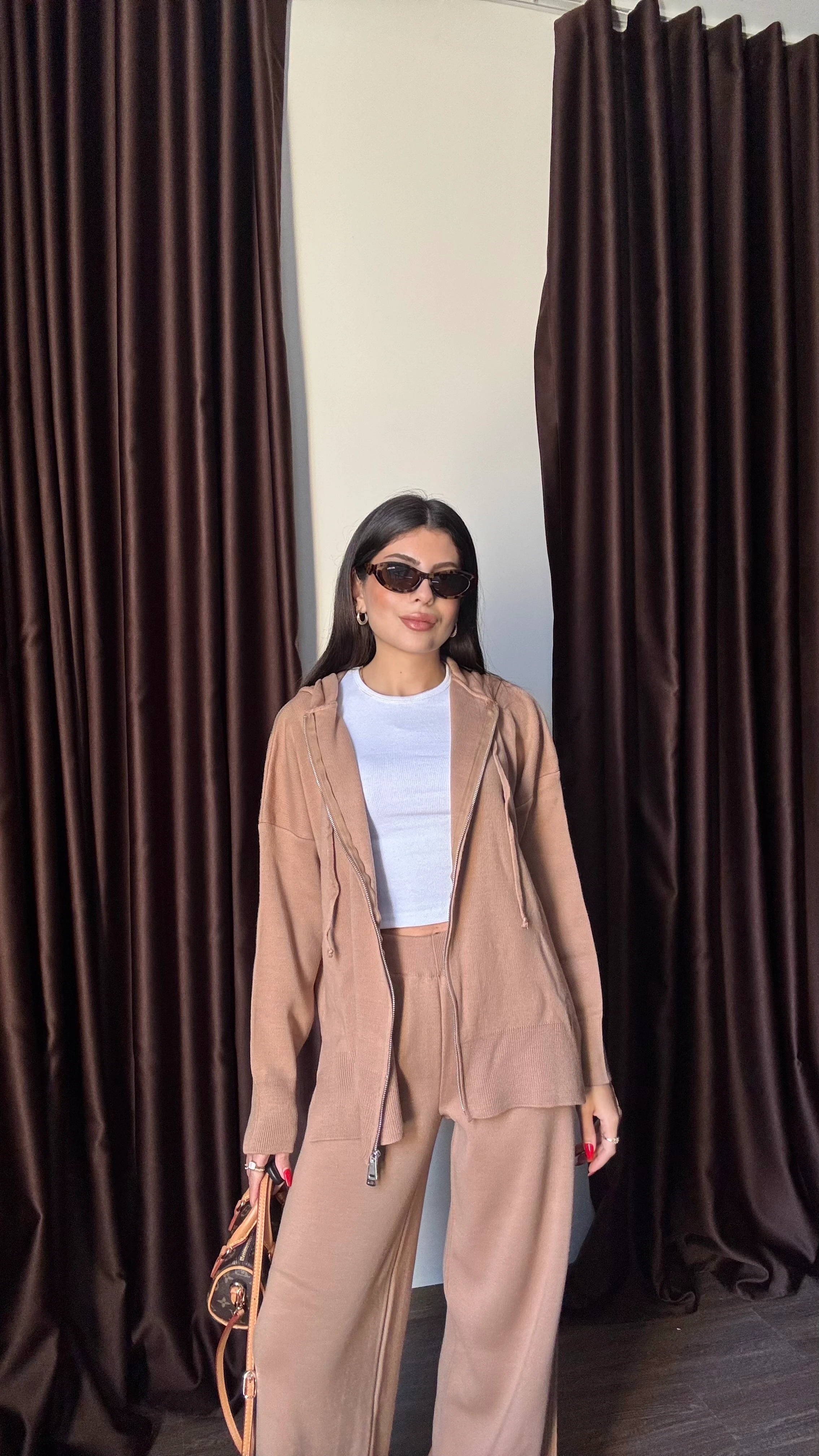 Kadın Çift Fermuarlı Sweatshirt Pantolon Takım - CAMEL