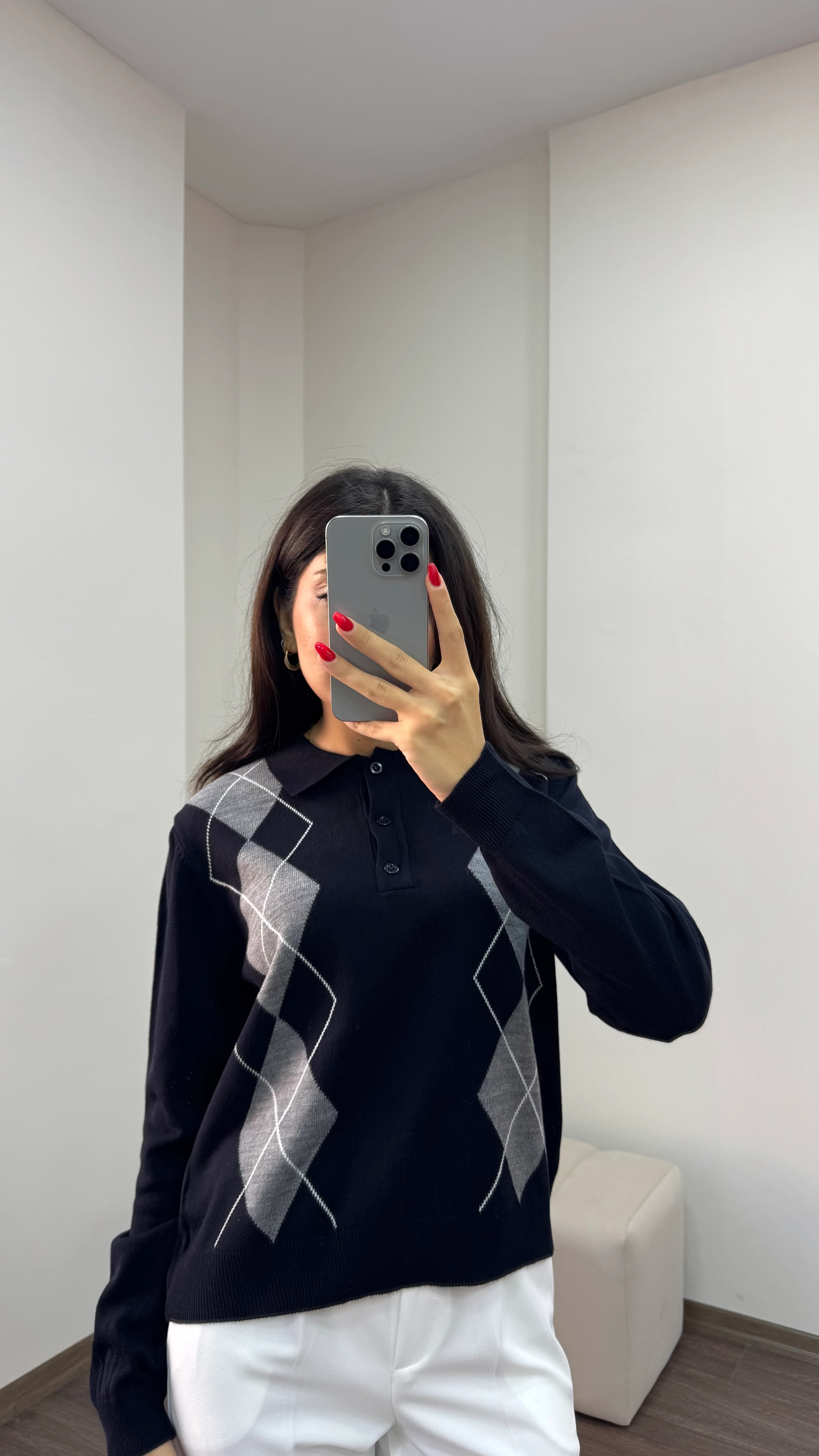 Kadın Polo Yaka Düğmeli Baklava Desen Triko