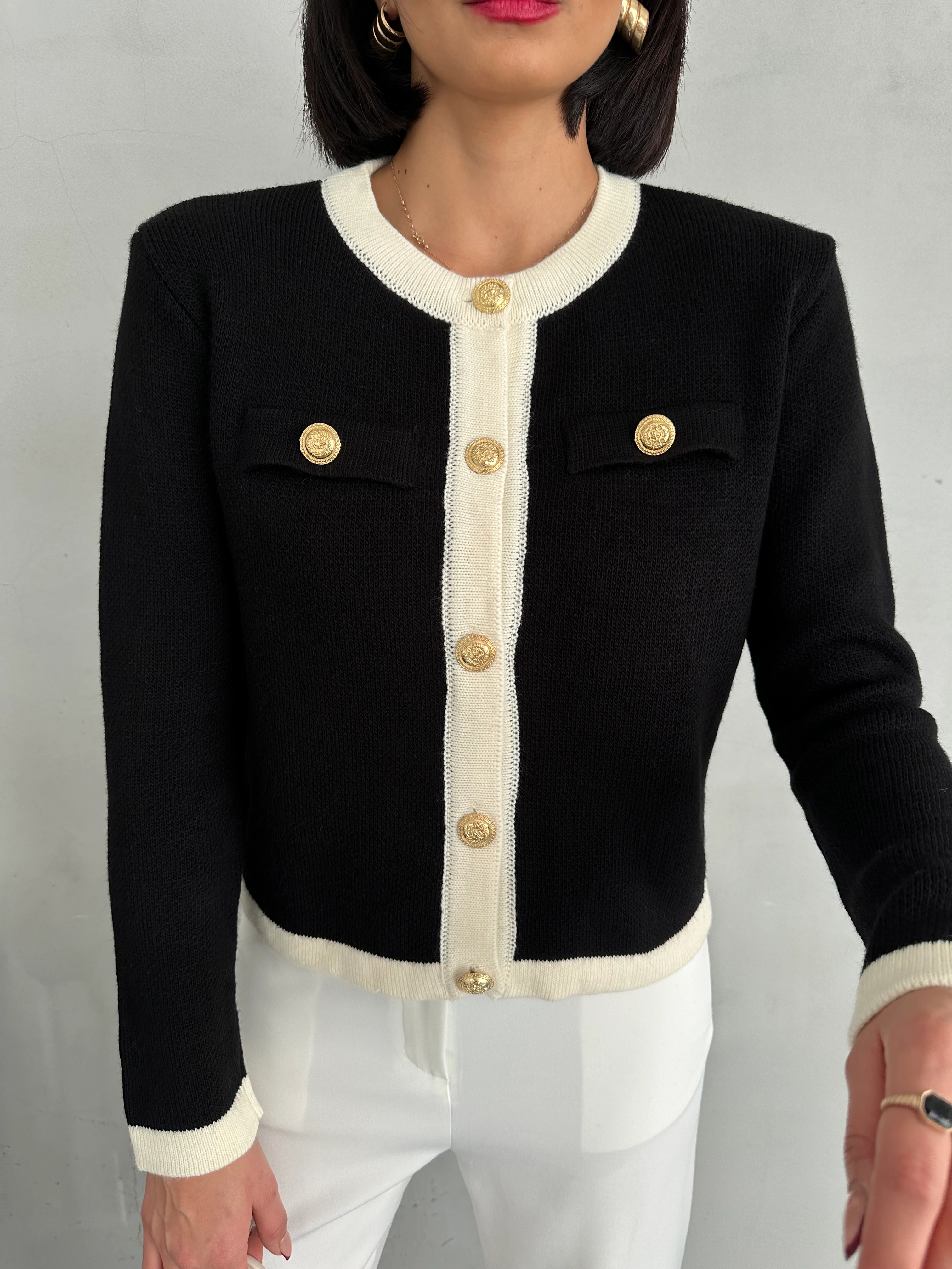Women's Gold Button Stripe Detailed Knitwear Cardigan - Black