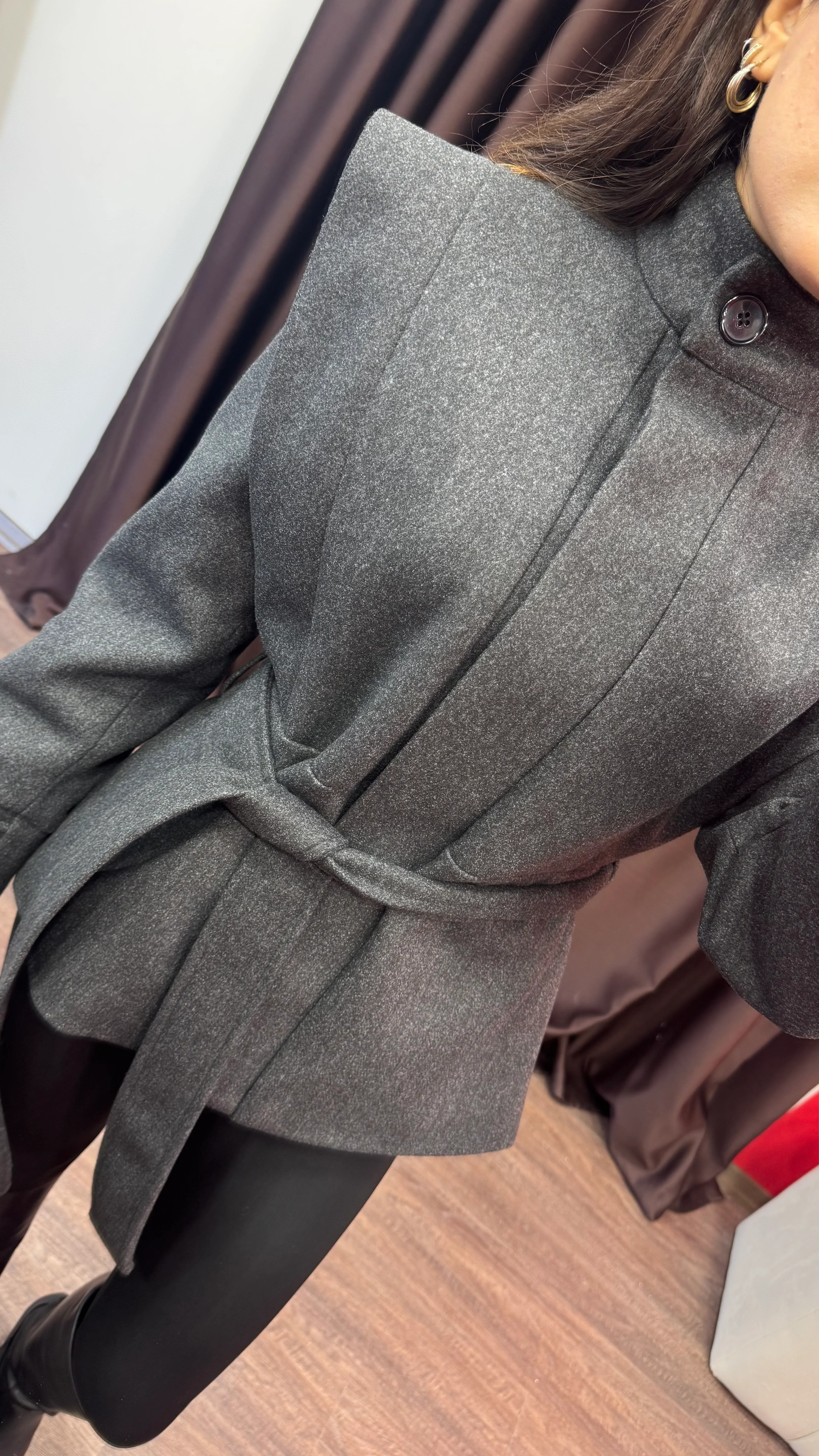 Kadın Vatkalı Kuşaklı Kaşe Premium Ceket - ANTRASIT