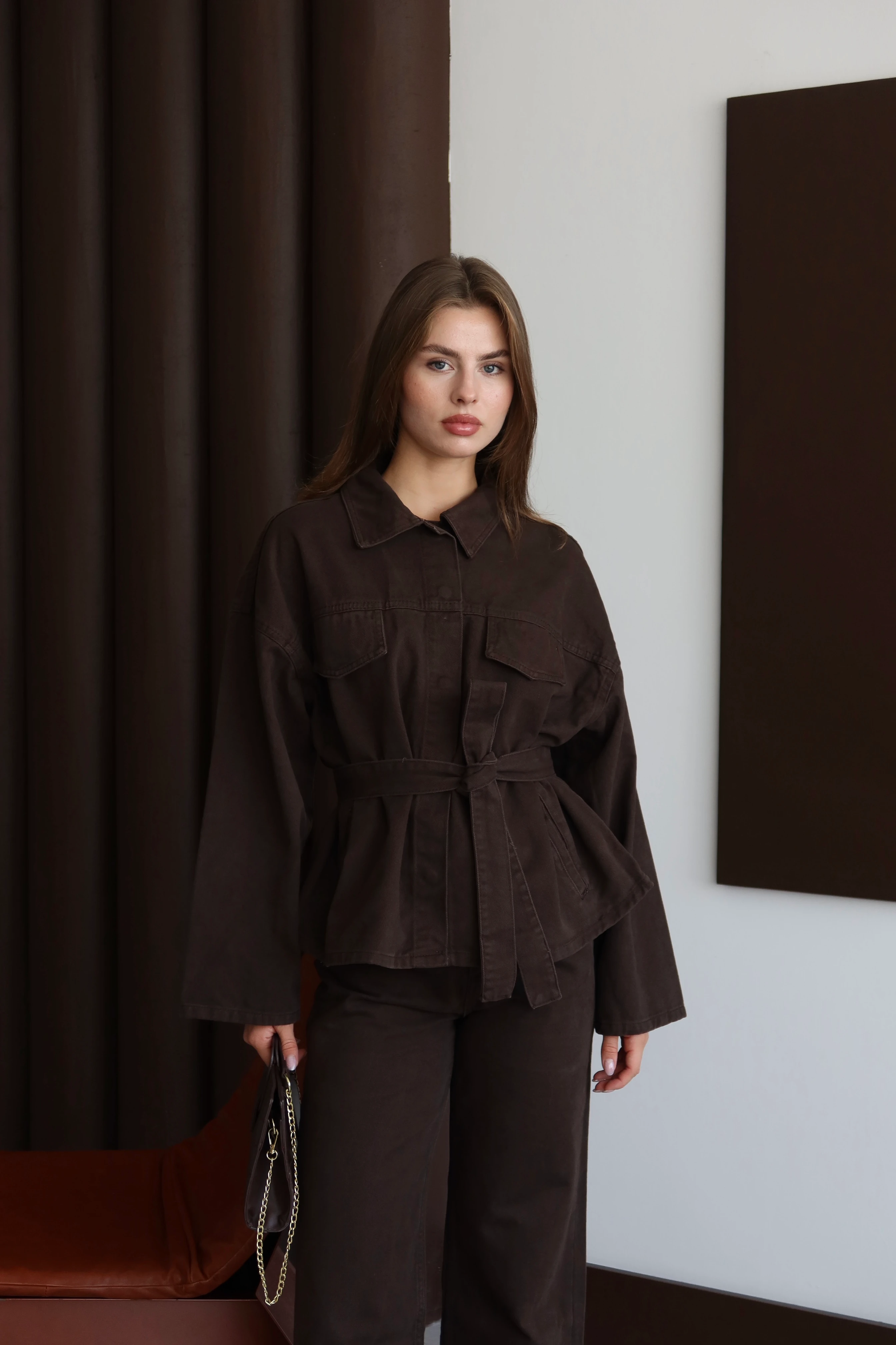 Kadın Yıkamalı Kuşaklı Denim Takım