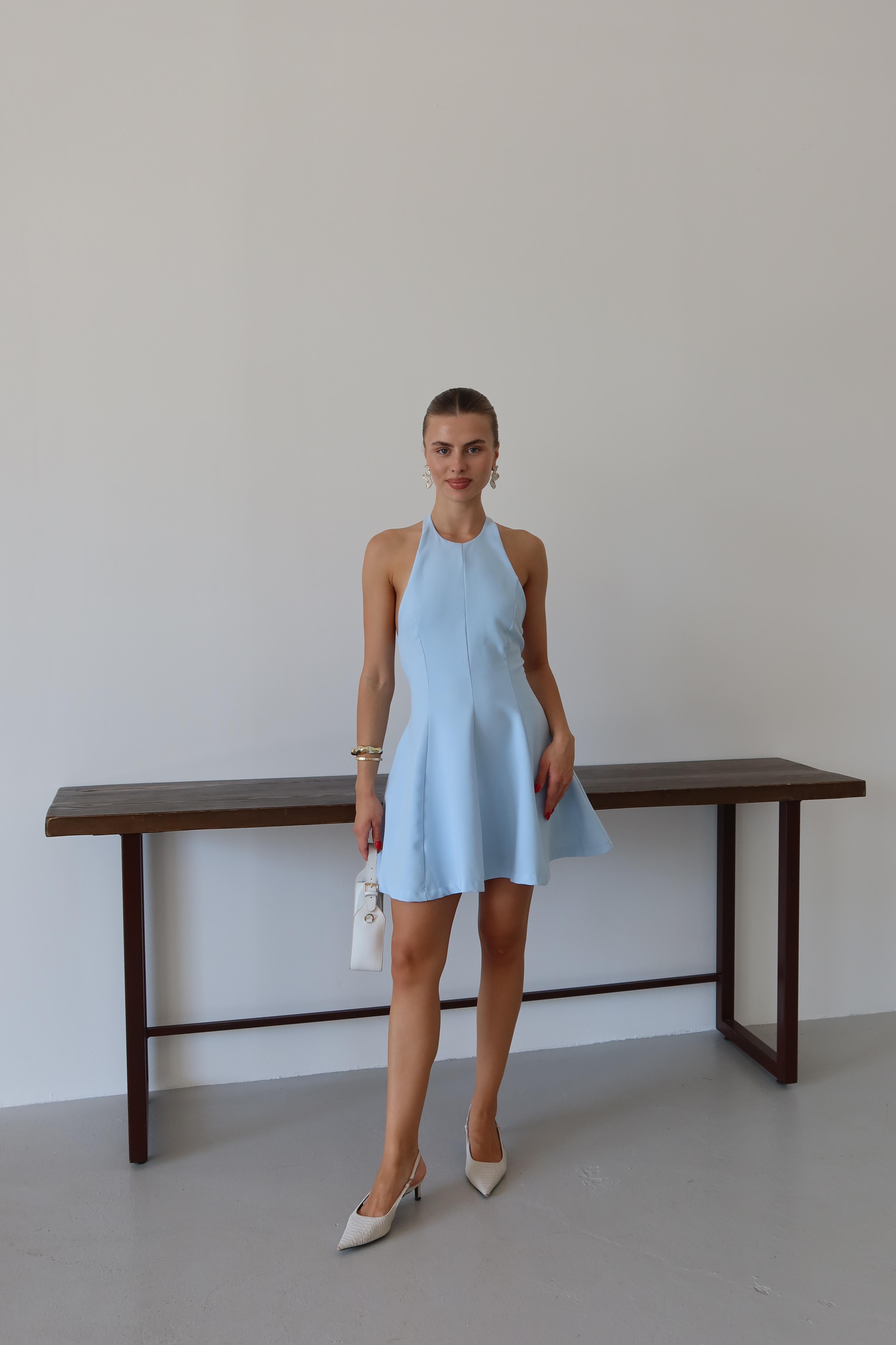 Kadın Halter Yaka Mini Elbise - BEBE MAVİSİ