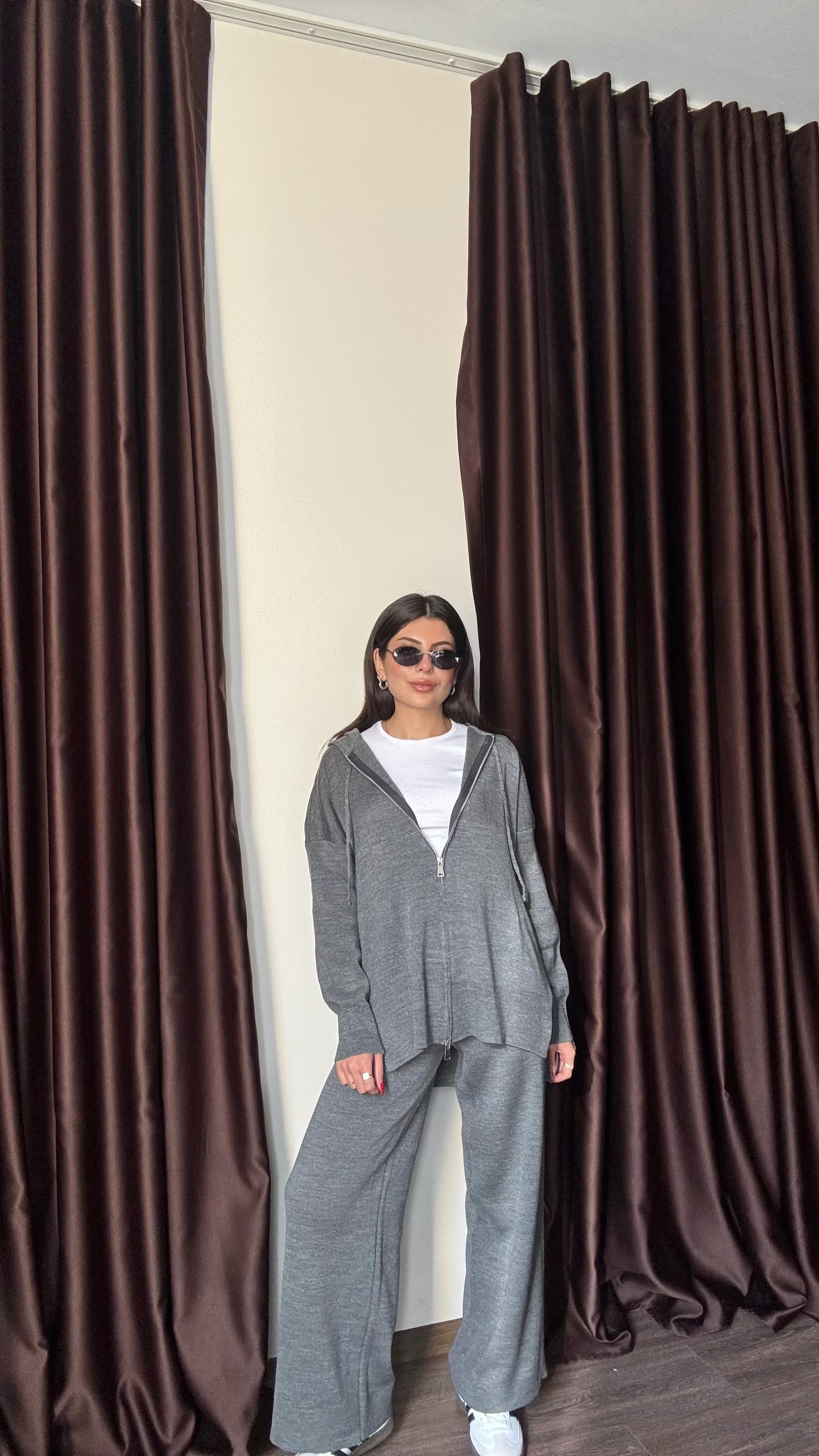 Kadın Çift Fermuarlı Sweatshirt Pantolon Takım - GRİ