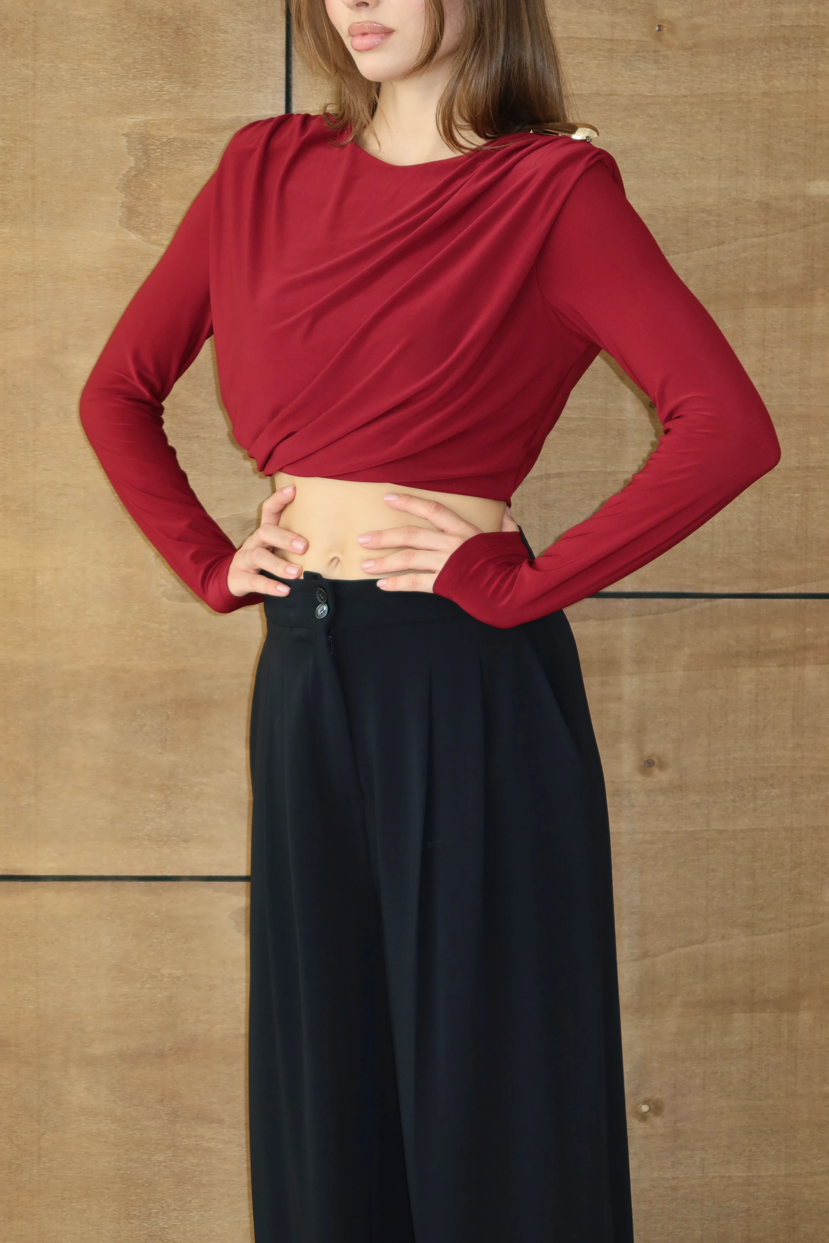 Kadın Tokalı Premium Crop Bluz - BORDO