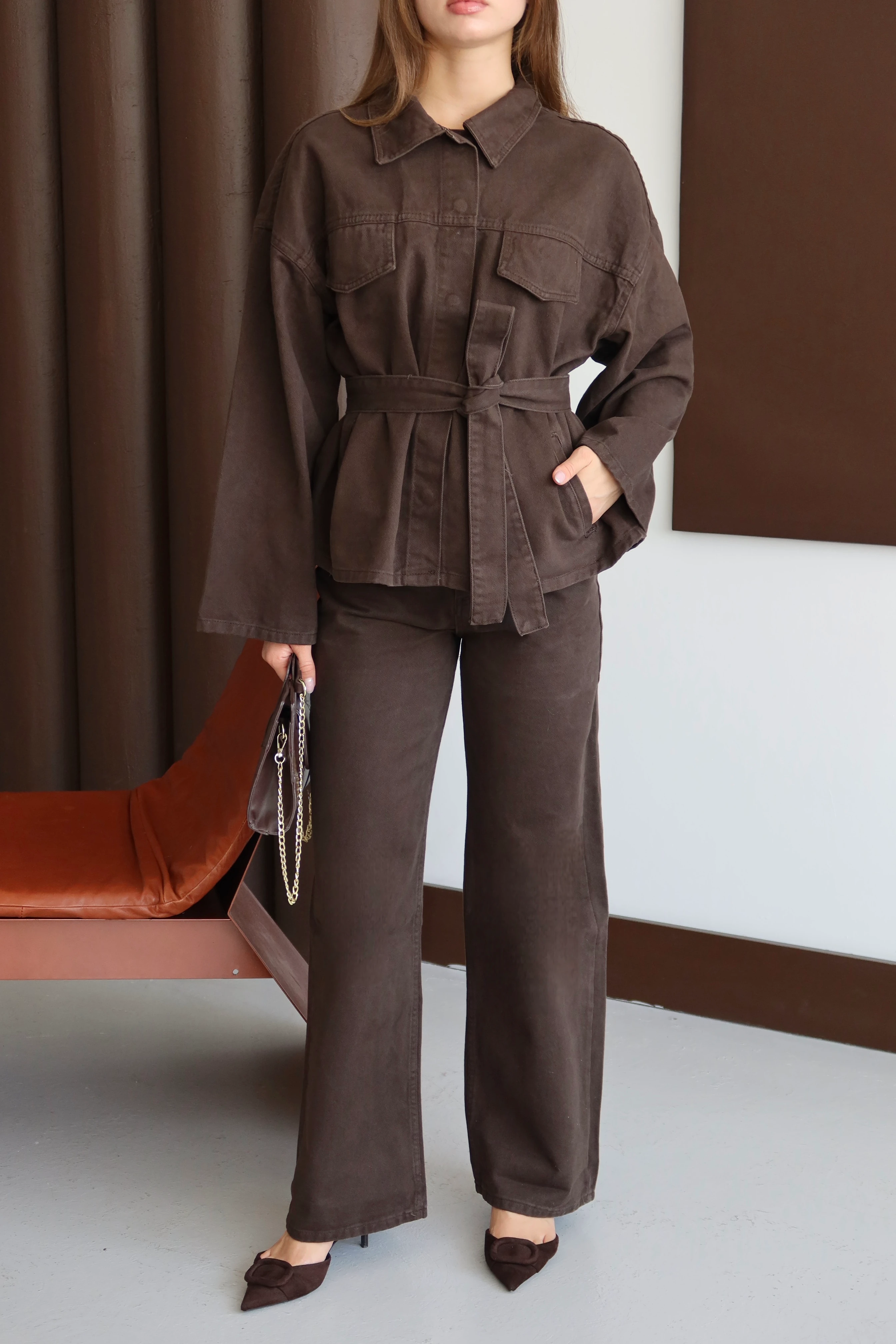 Kadın Yıkamalı Kuşaklı Denim Takım