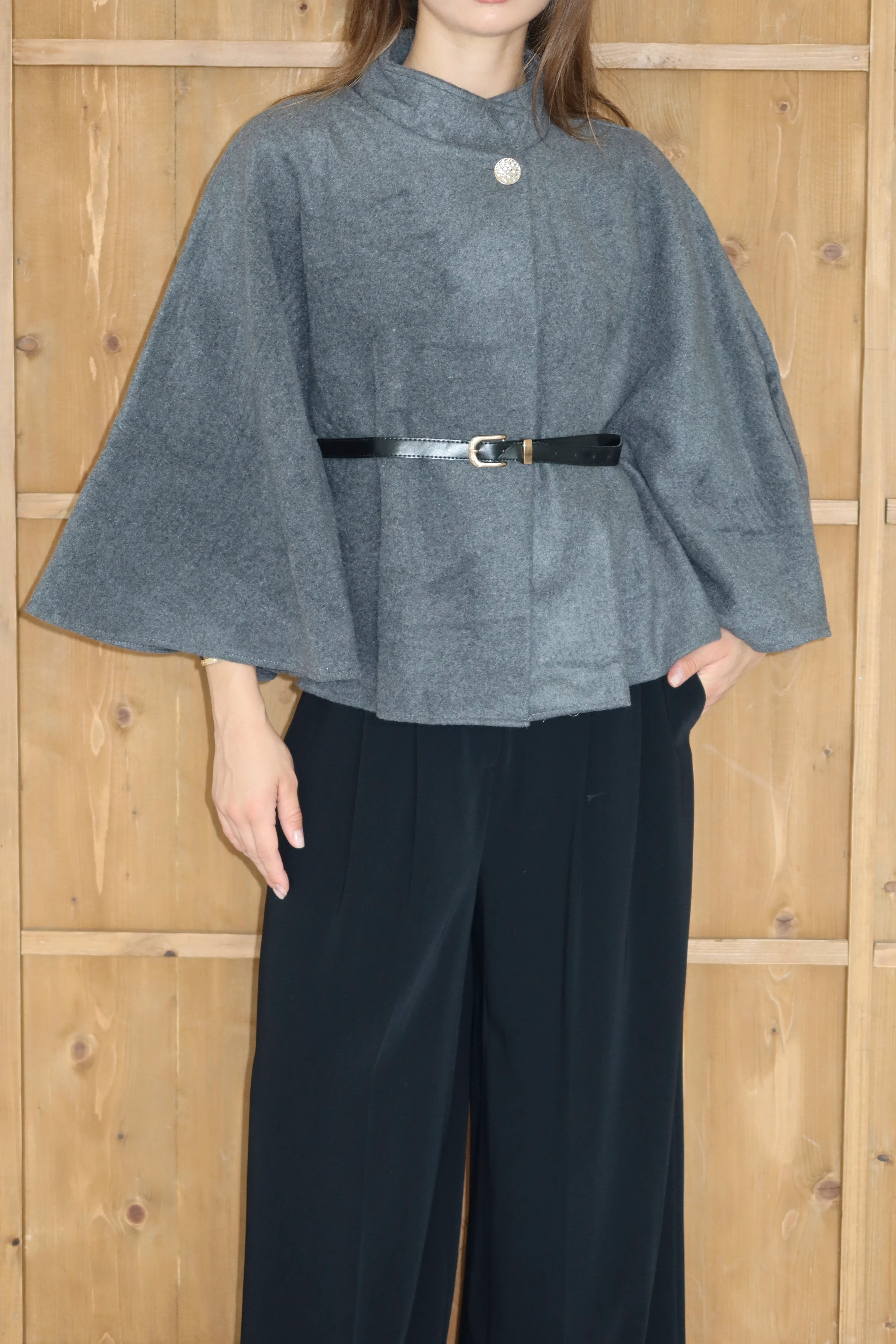 Kadın Kemer Detaylı Kaşe Panço Ceket - GRI