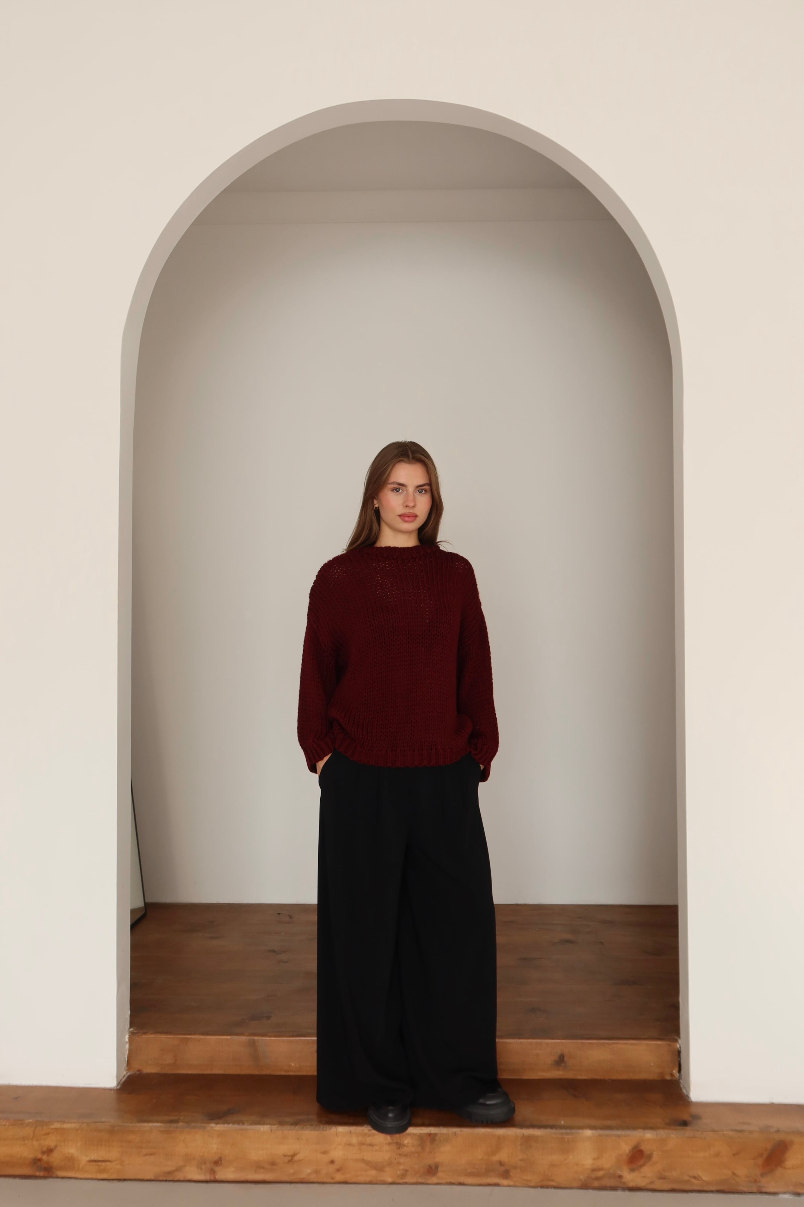 Kadın Oversize Örme Kazak - BORDO