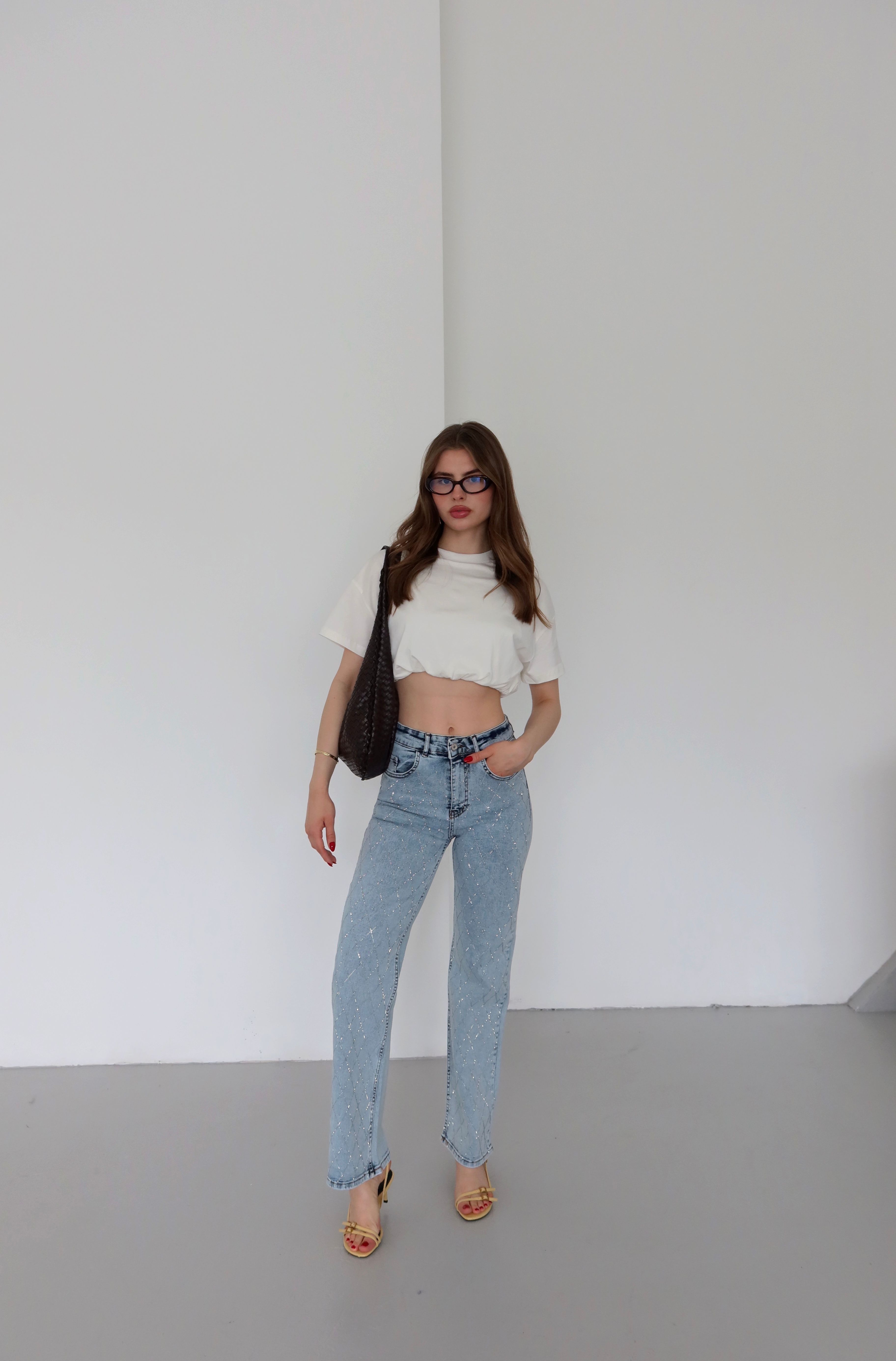 Kadın Buz Mavi Renk Loose Fit Önü Starlight Parlak Taşlı Tasarım Denim