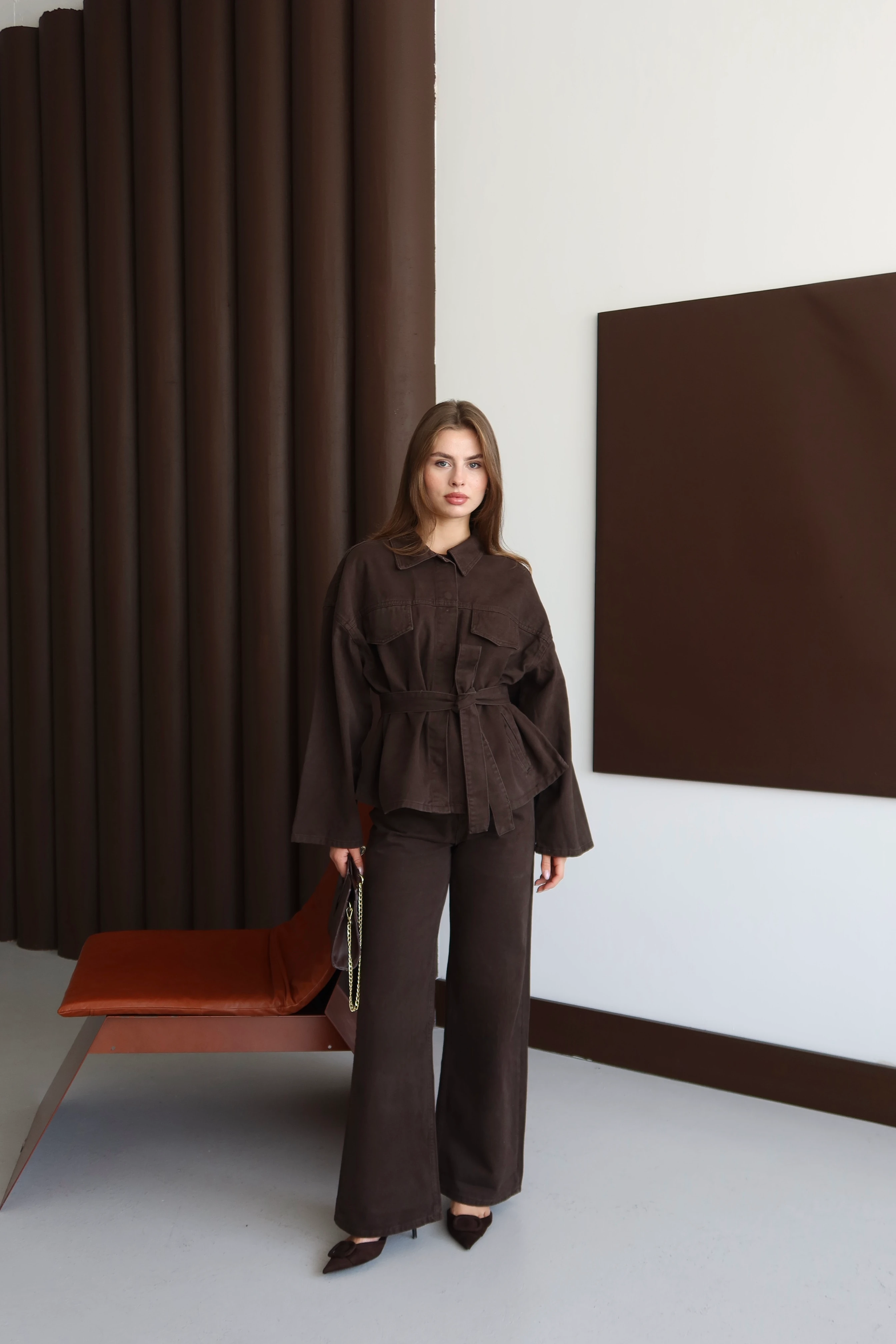 Kadın Yıkamalı Kuşaklı Denim Takım