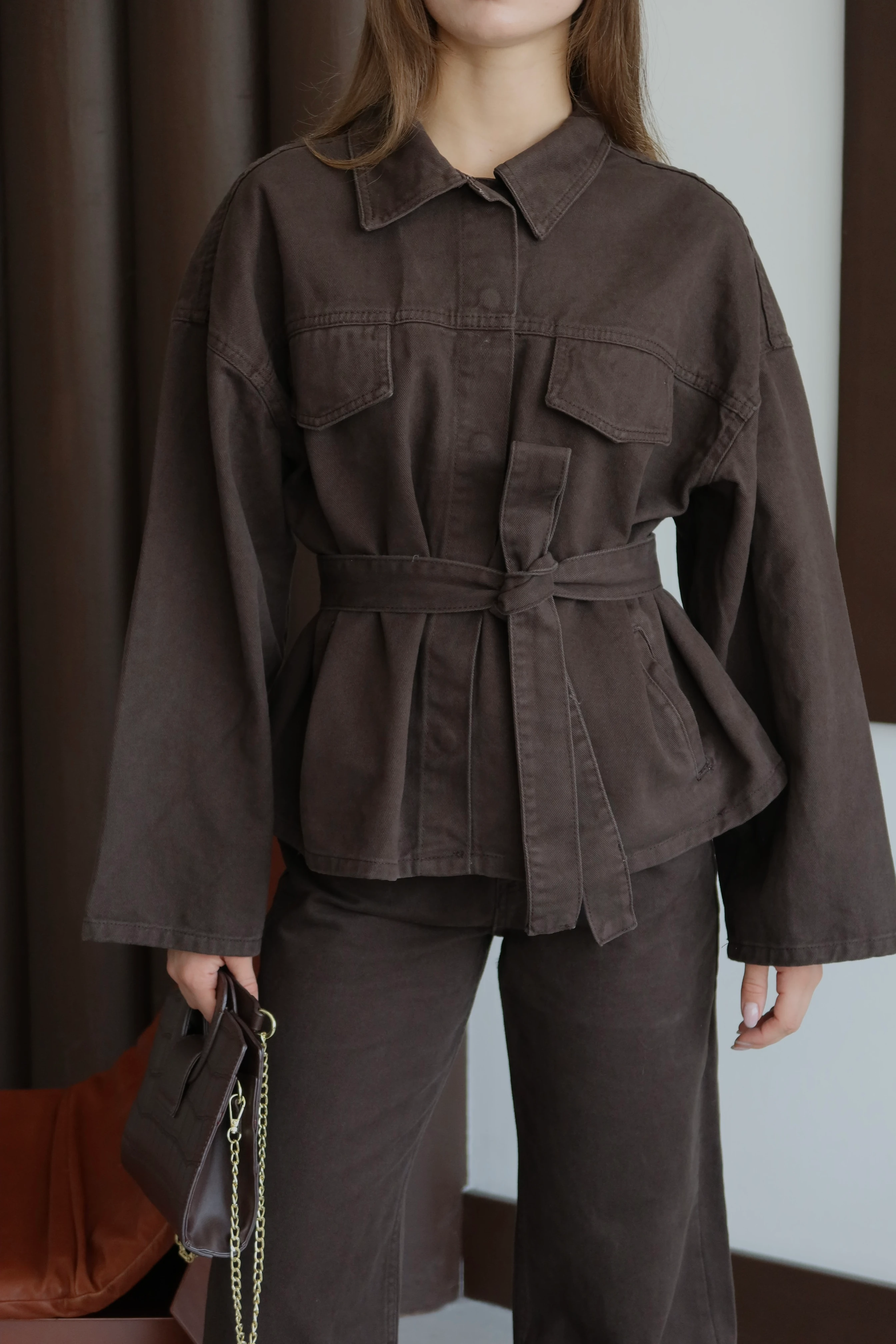 Kadın Yıkamalı Kuşaklı Denim Takım - ACI KAHVE