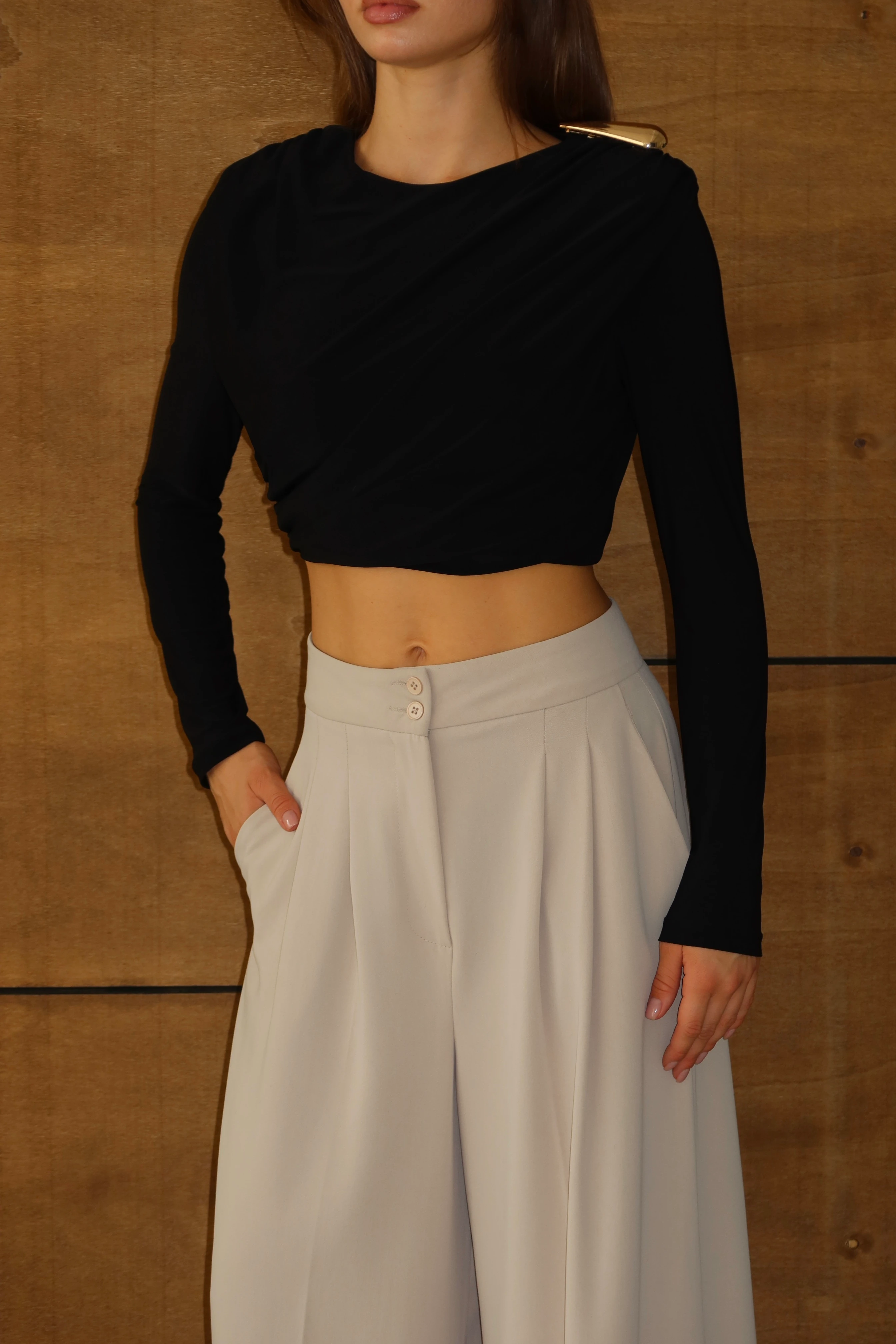 Kadın Tokalı Premium Crop Bluz - SIYAH