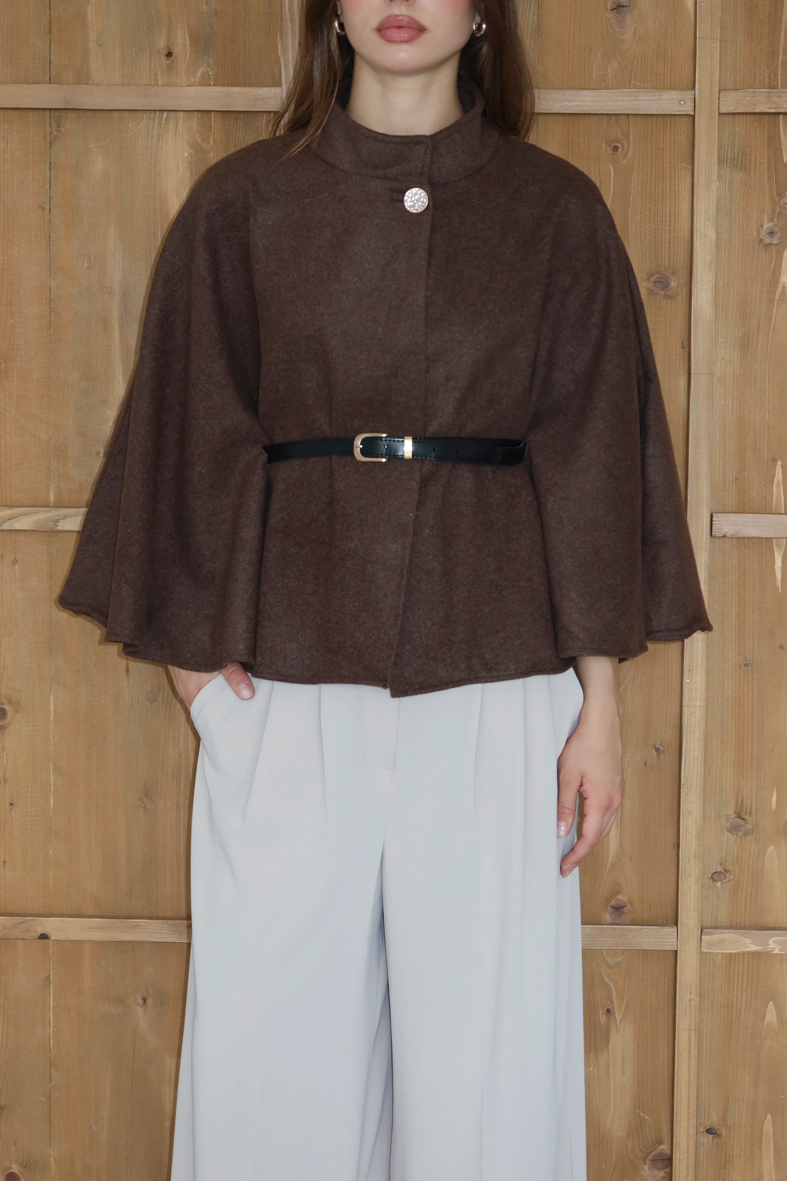 Kadın Kemer Detaylı Kaşe Panço Ceket - KAHVE