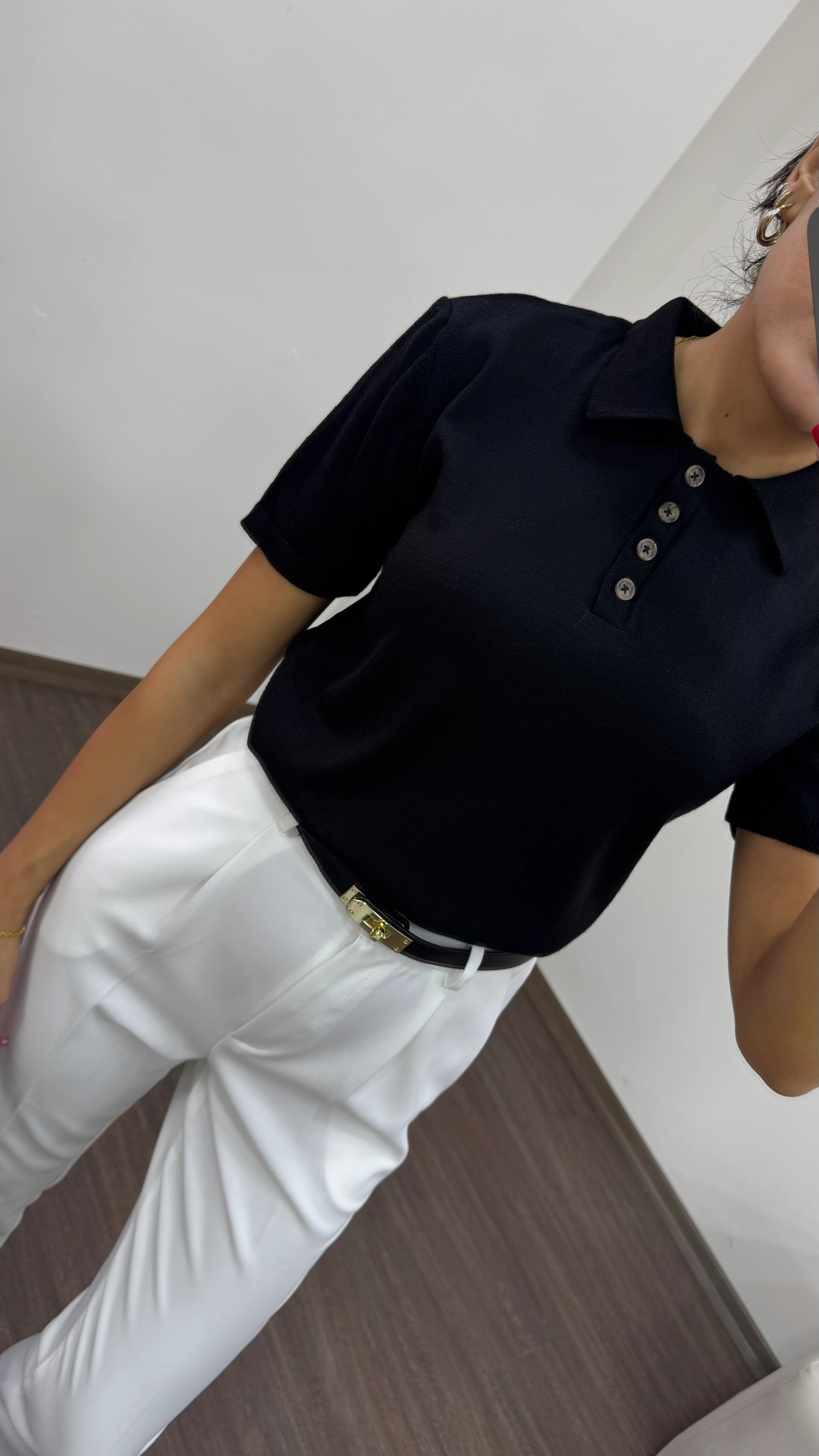 Kadın Kısa Kol Polo Yaka Düğmeli Triko Kazak - SİYAH