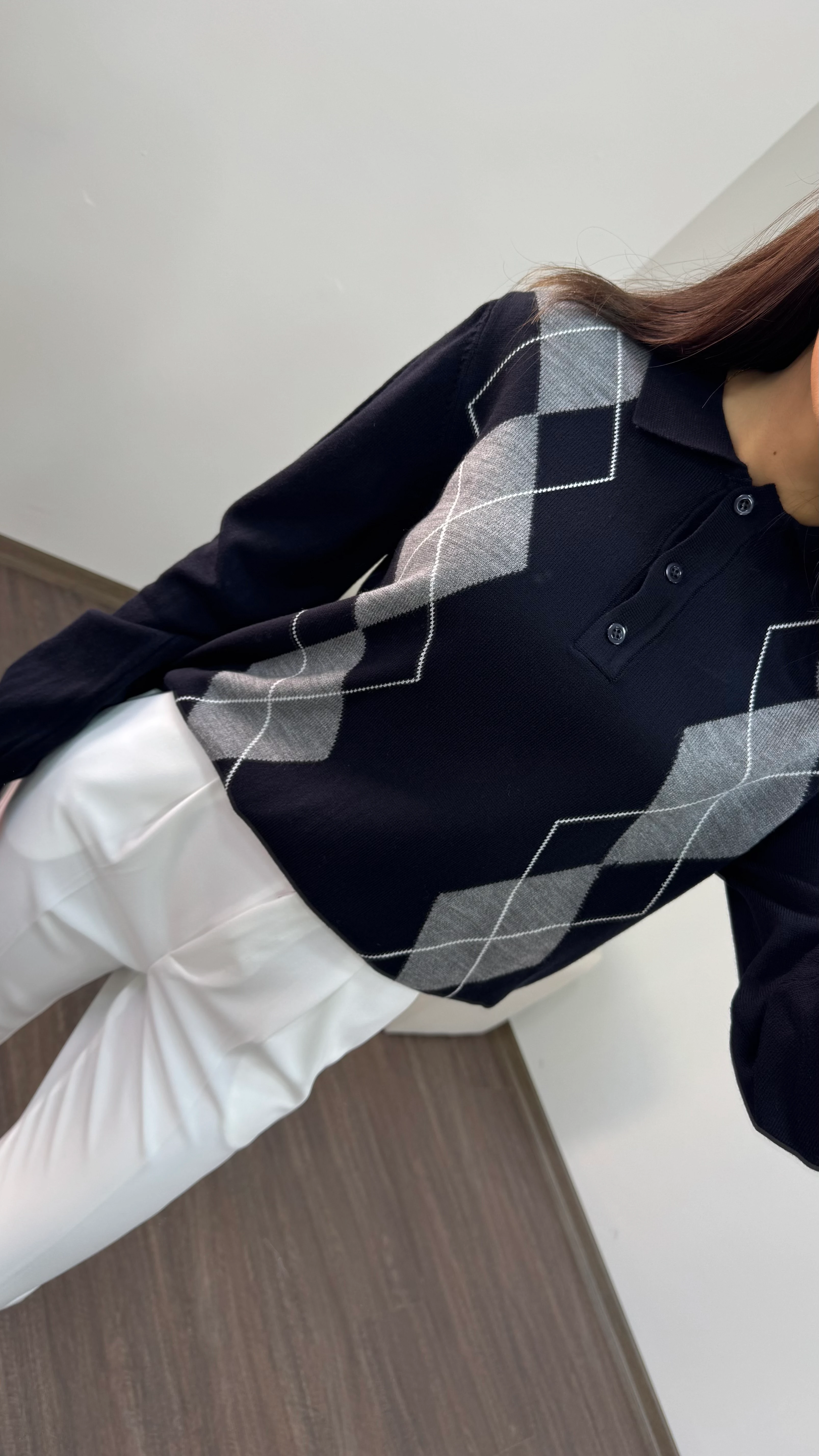 Kadın Polo Yaka Düğmeli Baklava Desen Triko