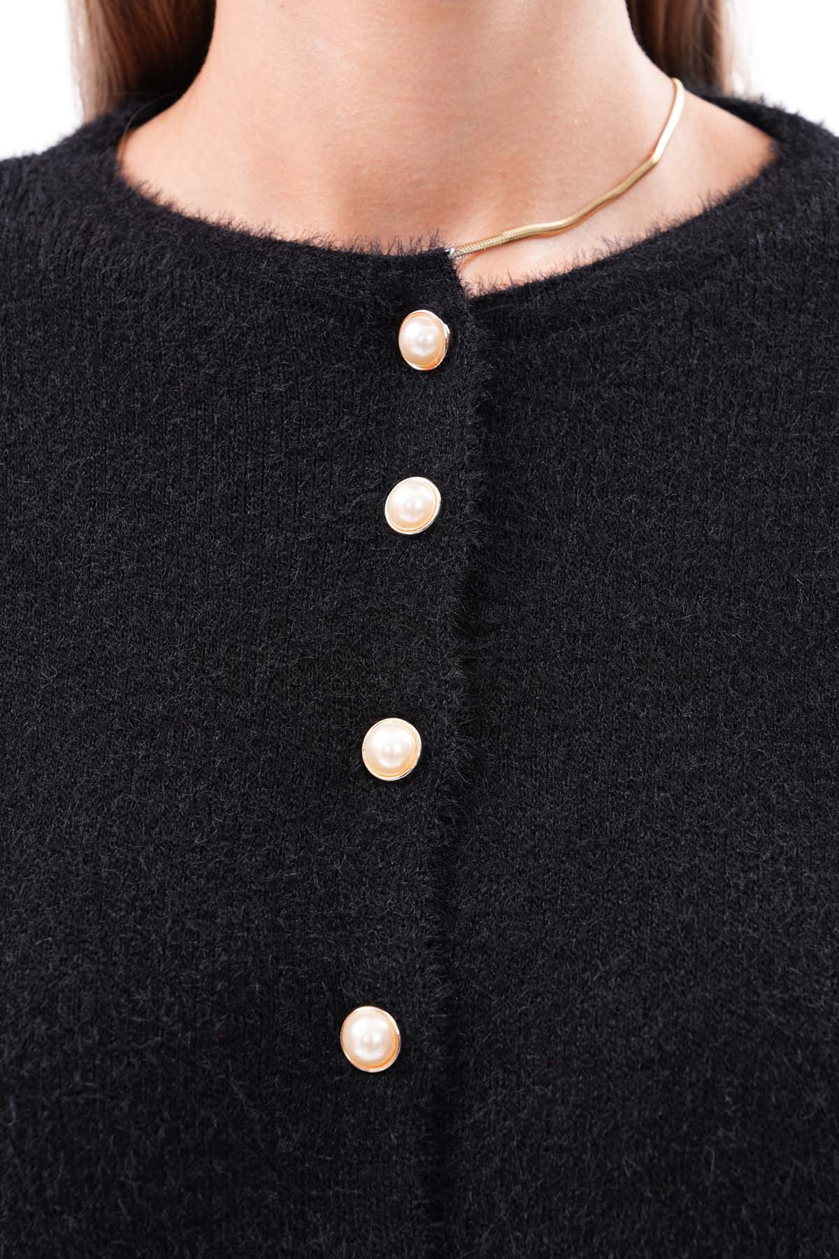 KADIN İNCİ DÜĞMELİ TRİKO HIRKA - SIYAH