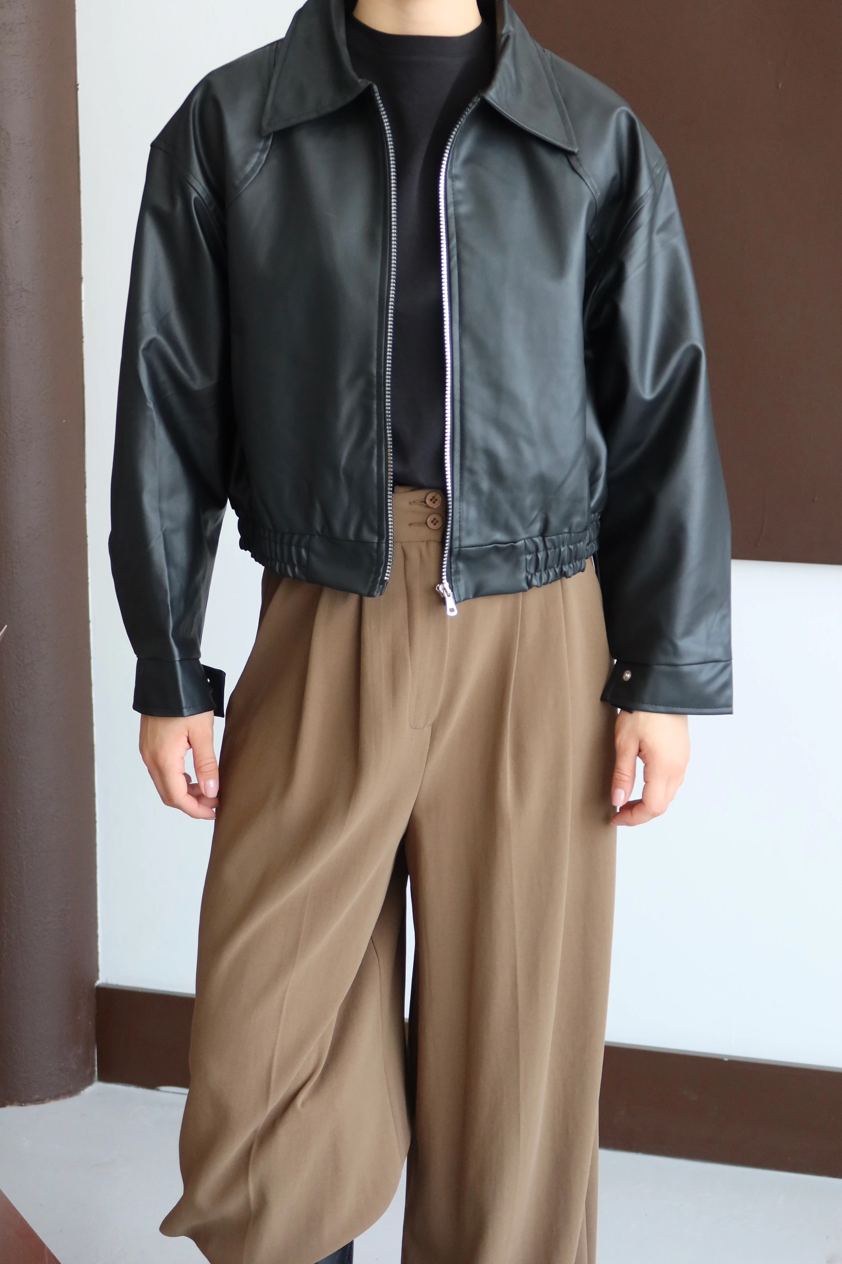 Kadın Bomber Deri Ceket - SIYAH