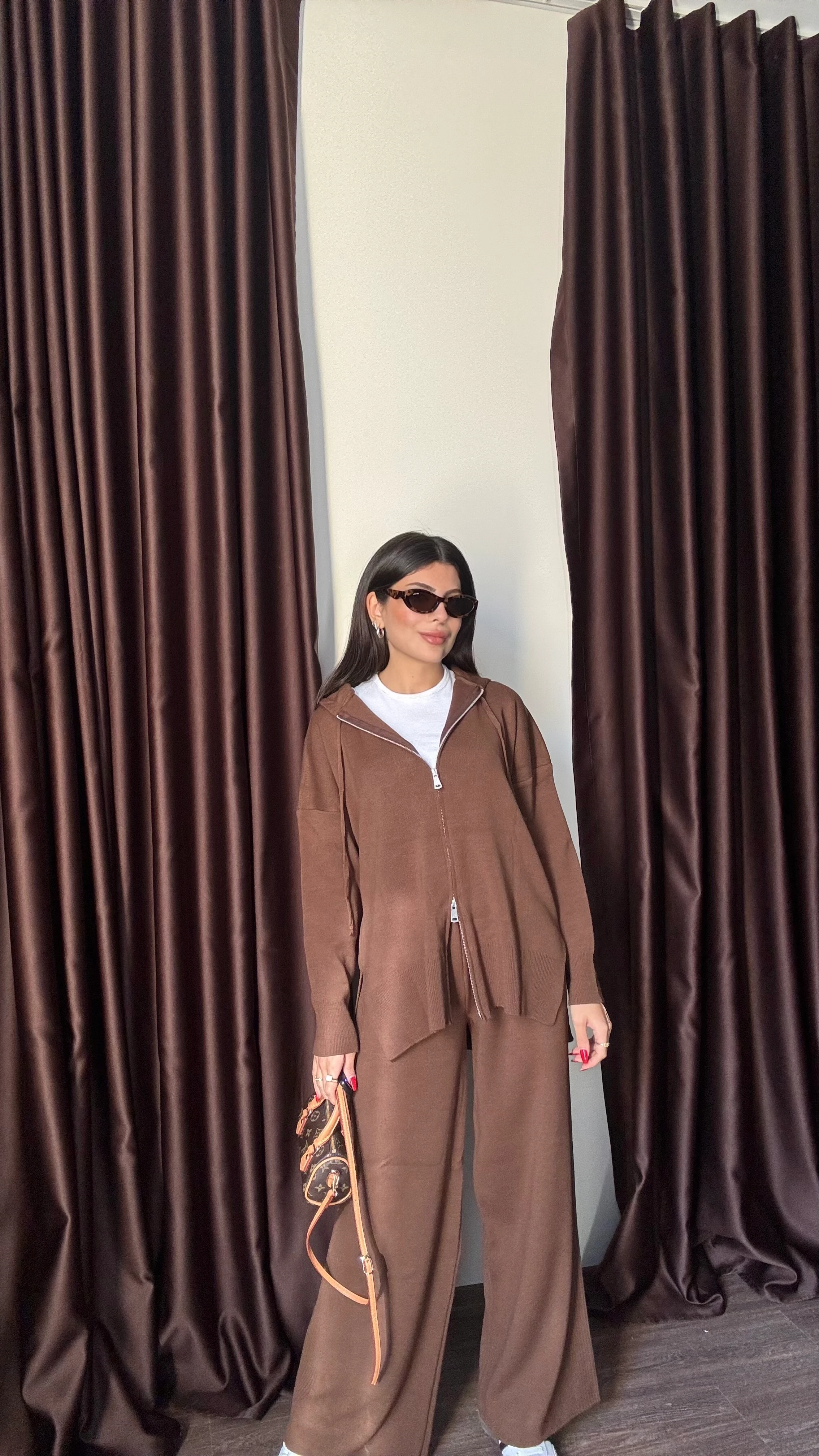 Kadın Çift Fermuarlı Sweatshirt Pantolon Takım - ACI KAHVE