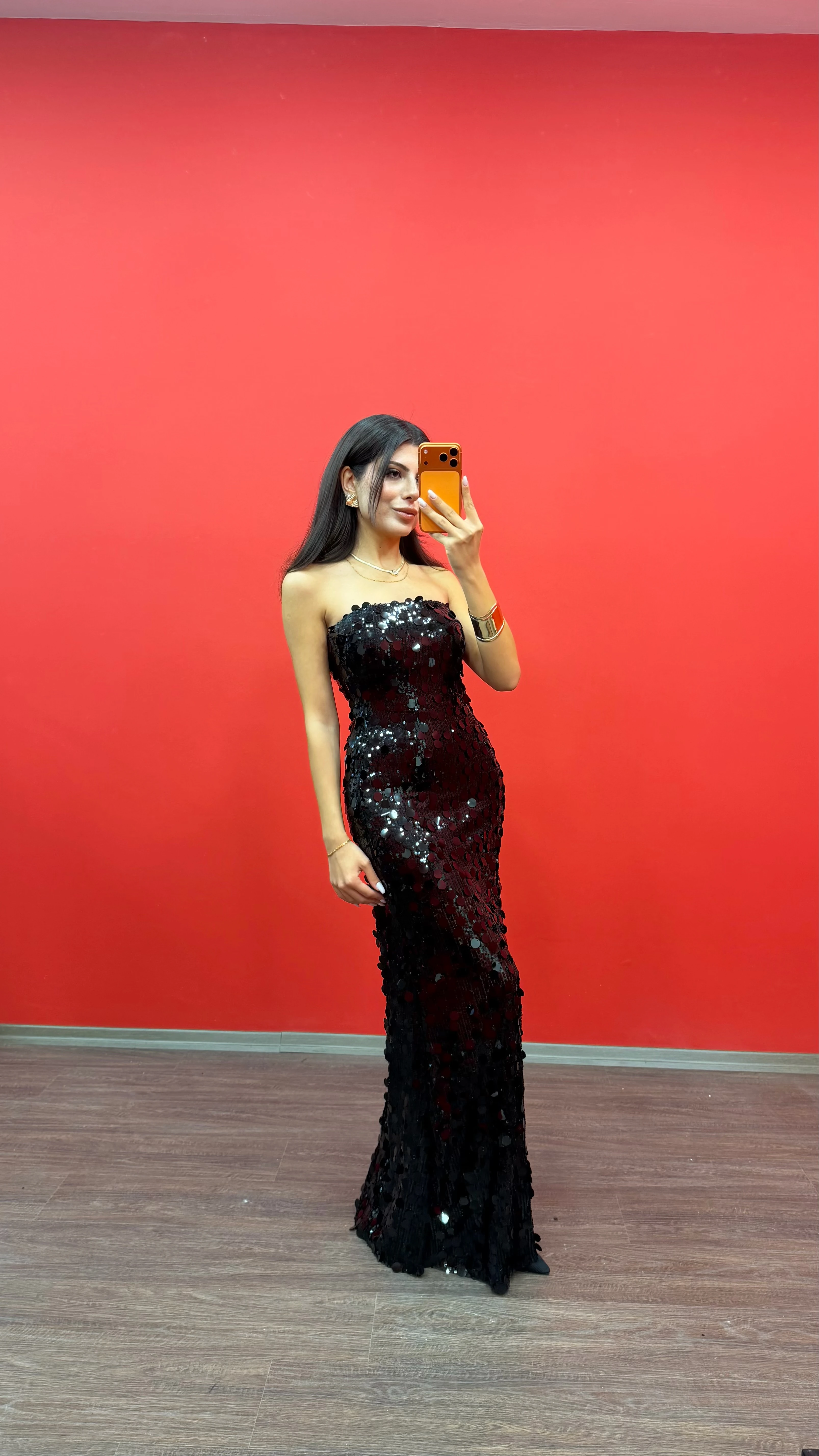 Kadın Pul Payet Maxi Elbise - SİYAH