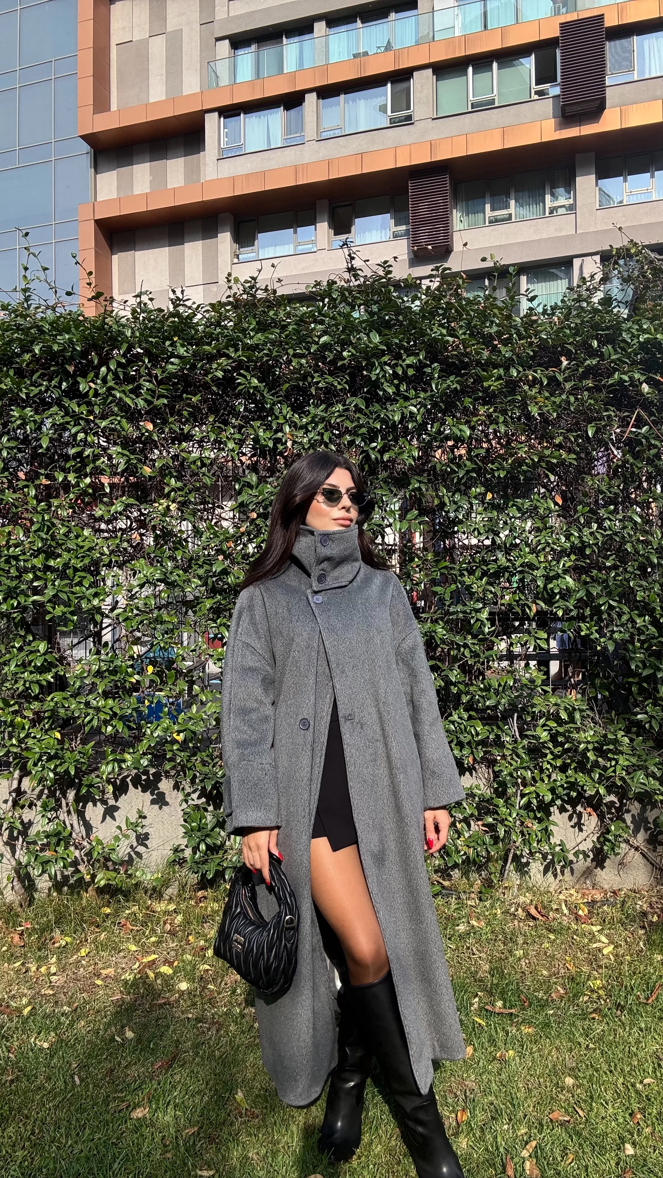 Kadın Dik Yaka Uzun Kaşe Kaban - ANTRASIT