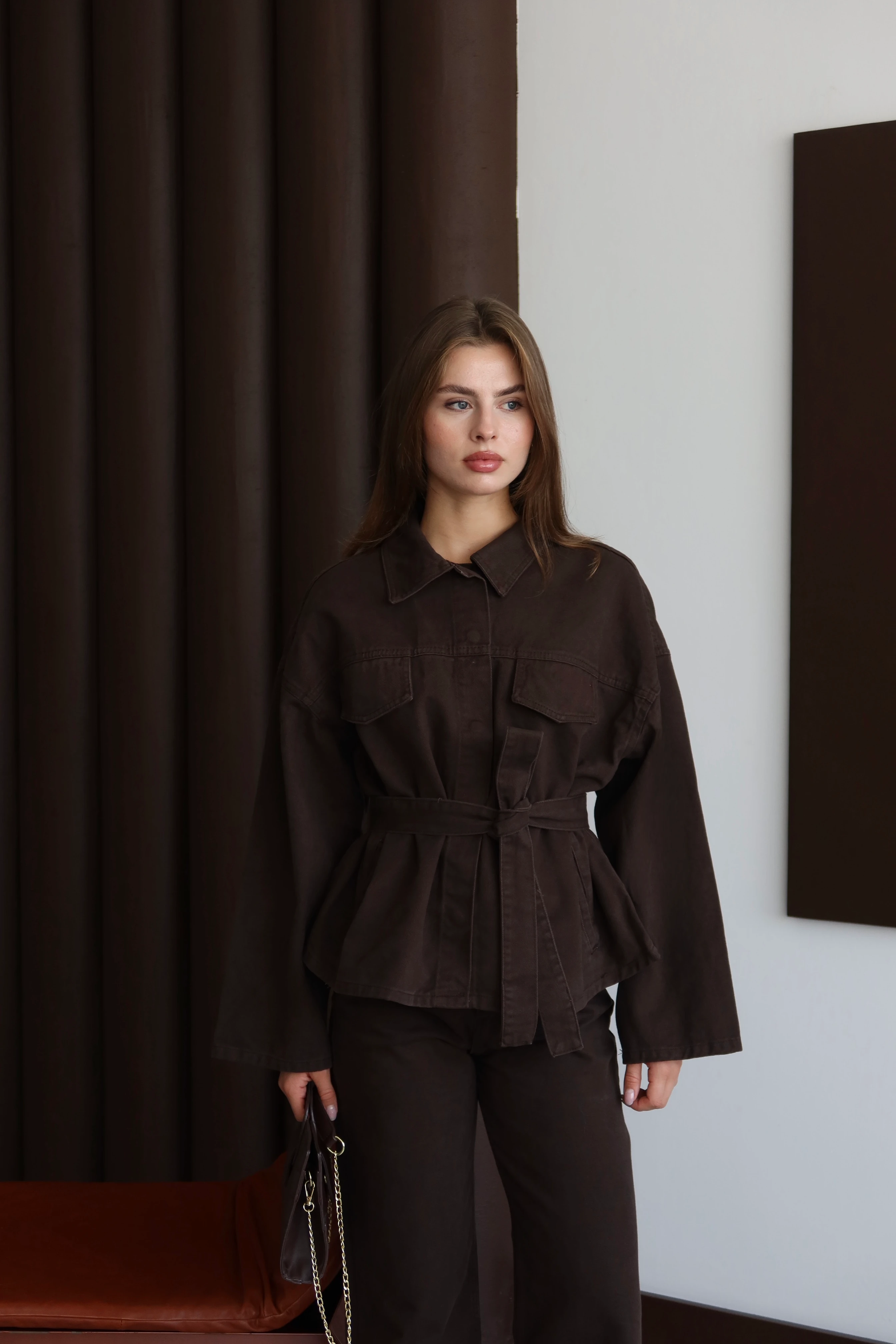 Kadın Yıkamalı Kuşaklı Denim Takım