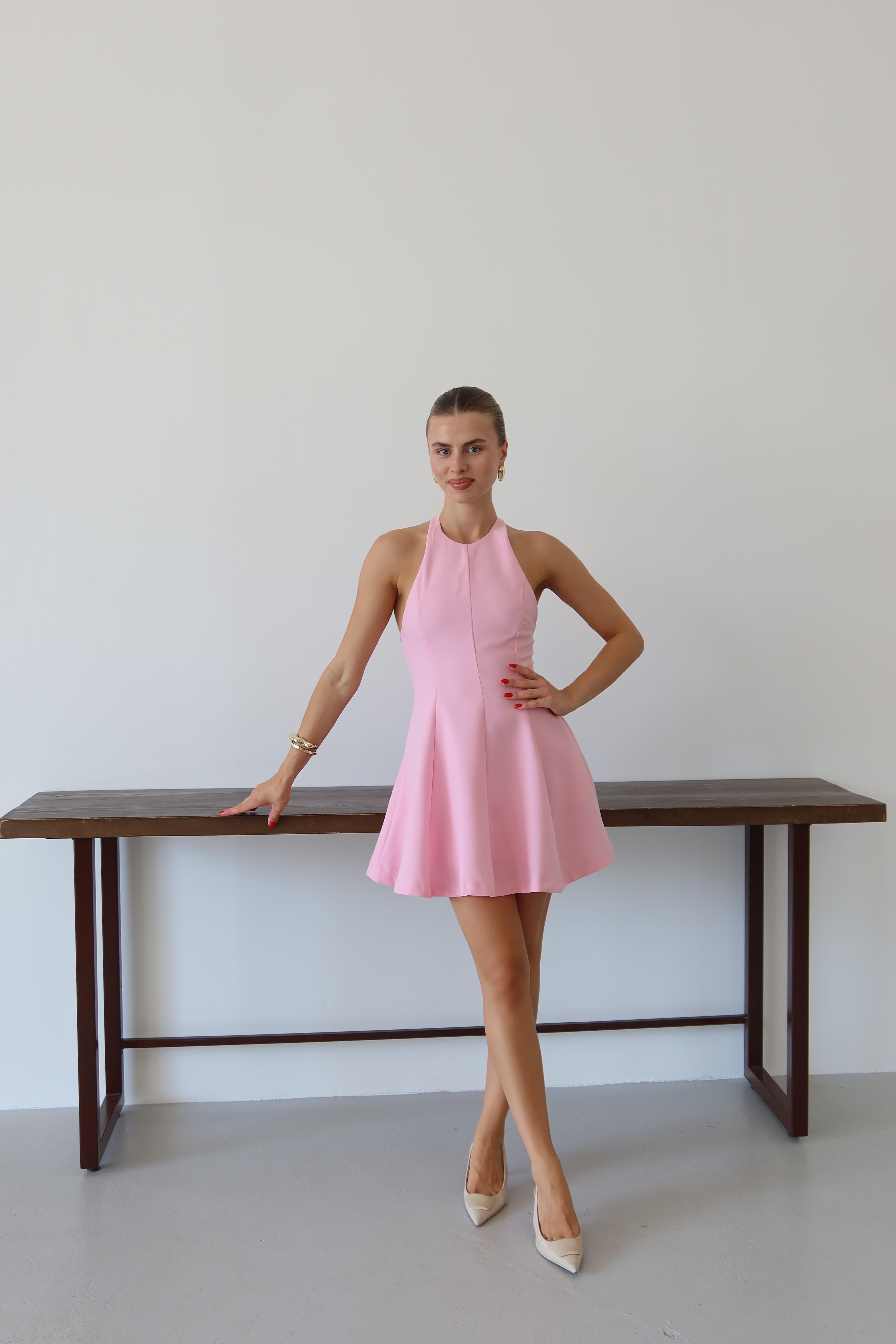 Kadın Halter Yaka Mini Elbise - PEMBE