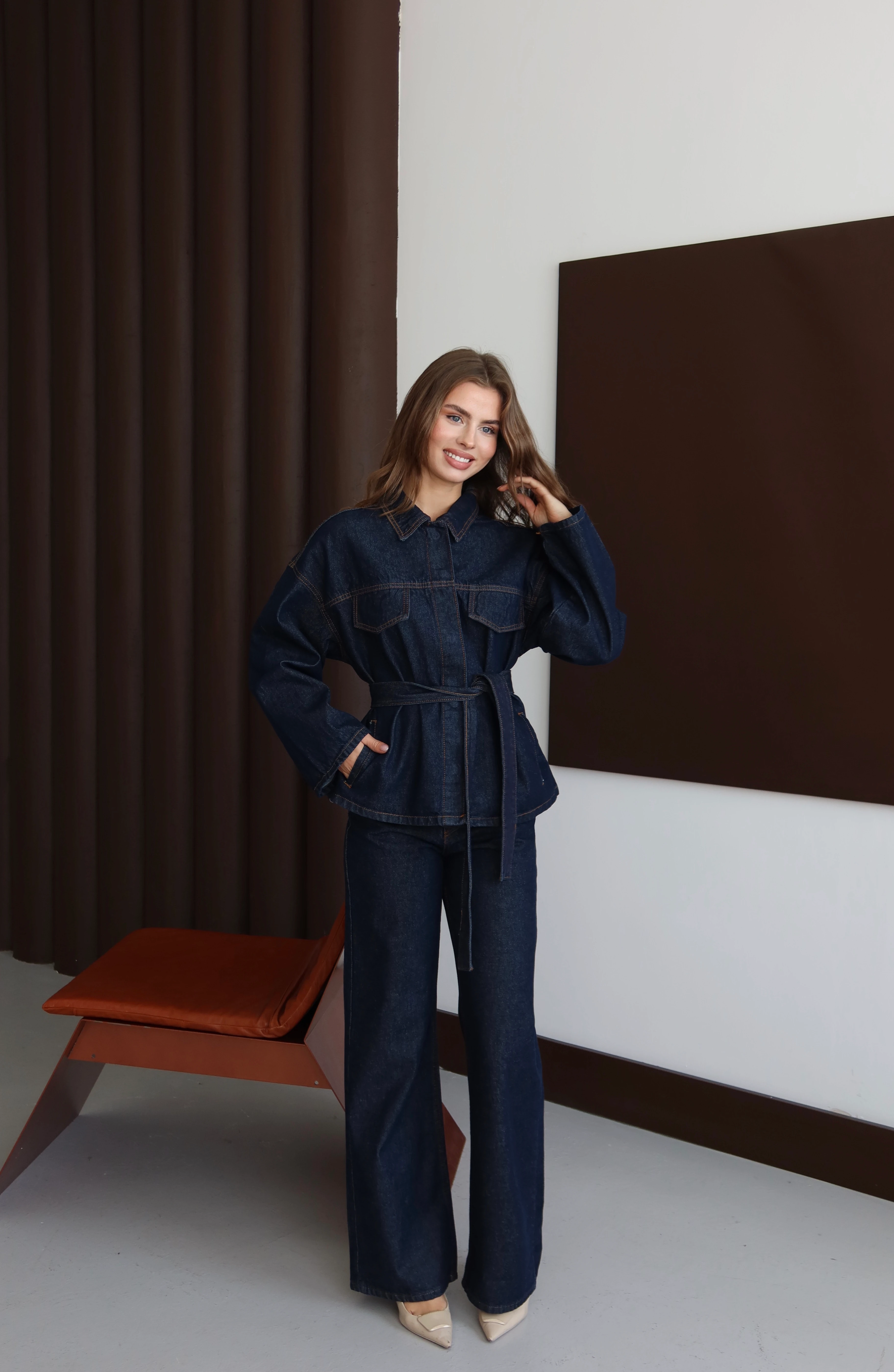 Kadın Yıkamalı Kuşaklı Denim Takım - KOYU LACİVERT