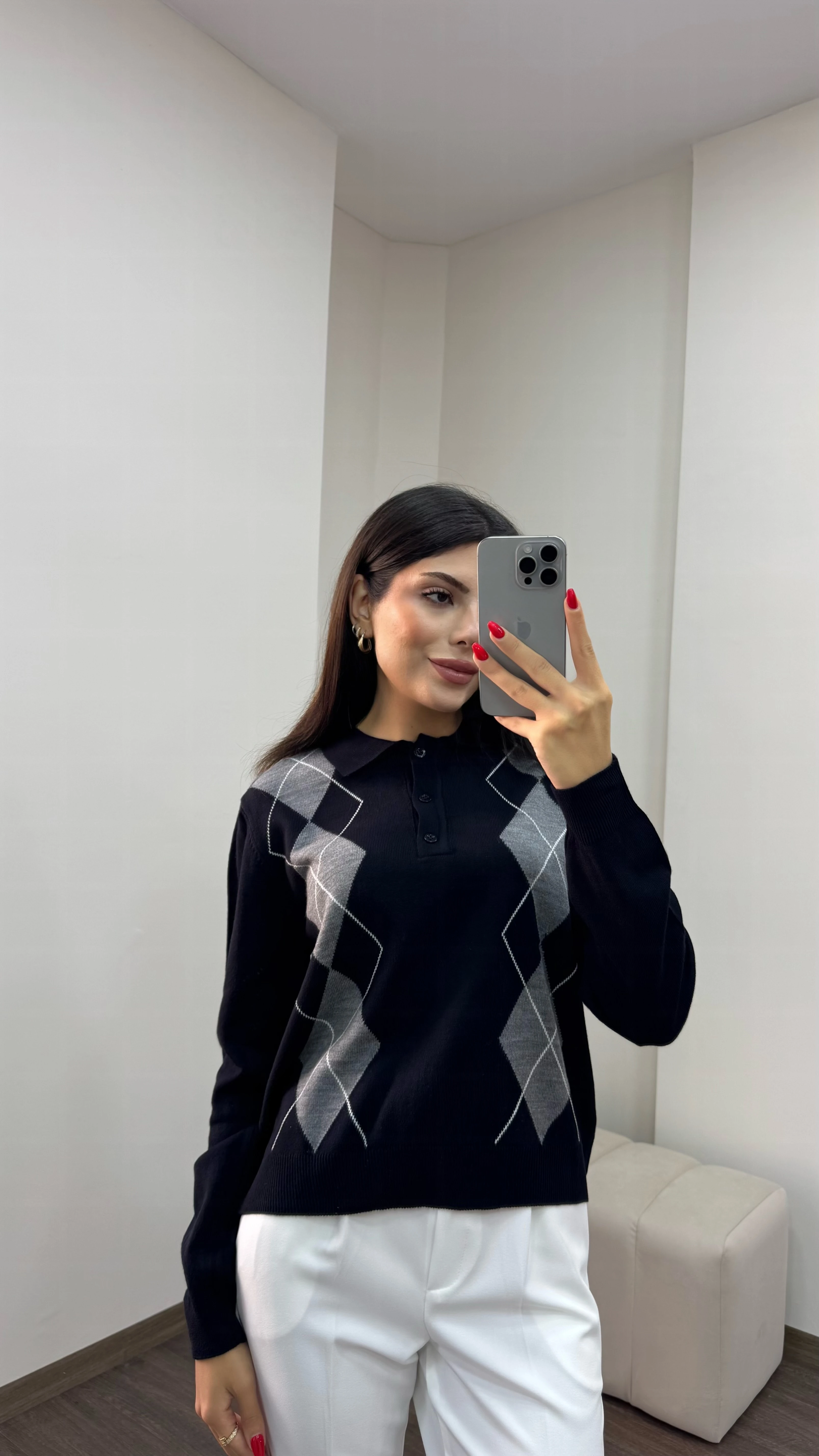 Kadın Polo Yaka Düğmeli Baklava Desen Triko