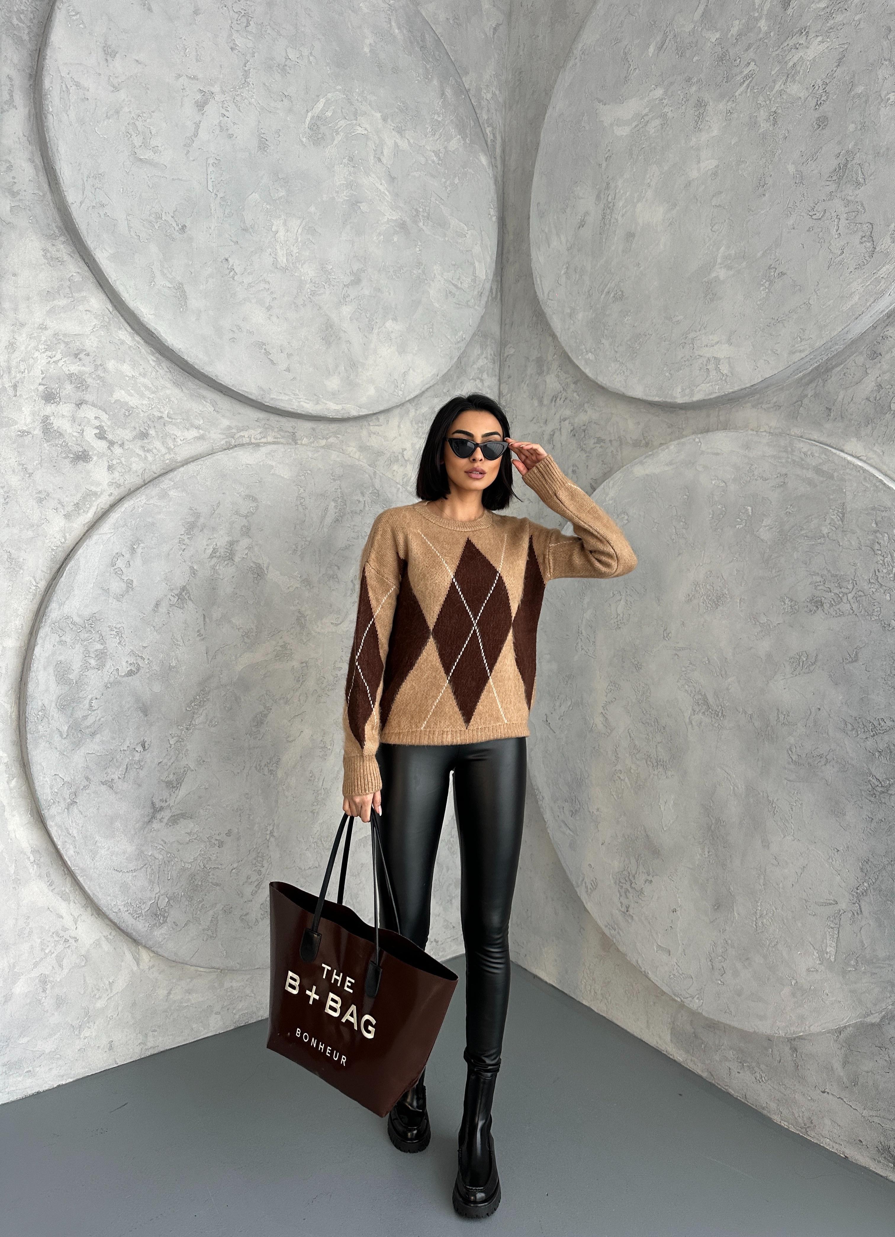 WOMEN'S BICYCLE NECK DIAMOND PATTERNED SWEATER - Coffee