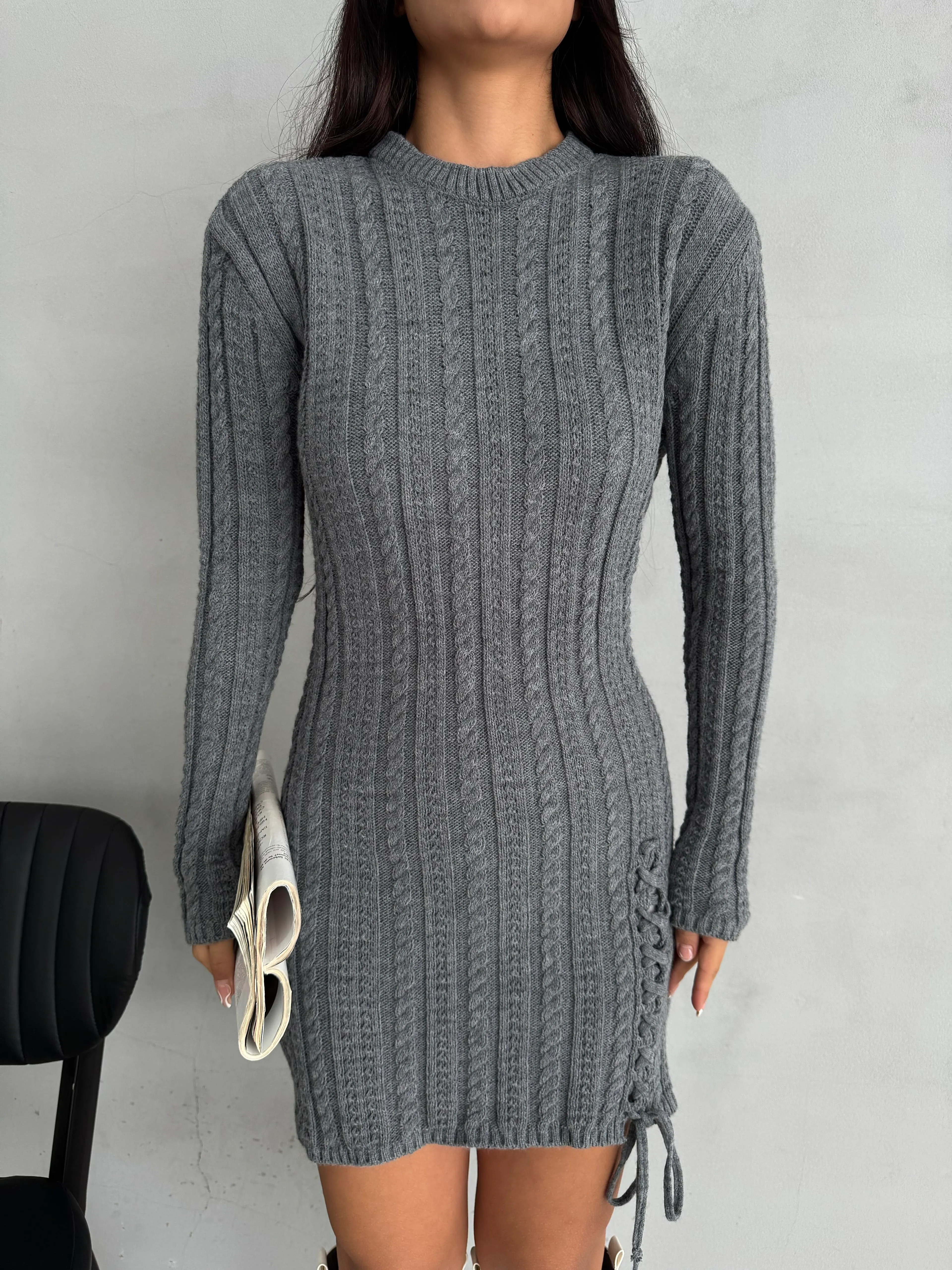 Women's Lace Detailed Knitwear Mini Dress - Gray