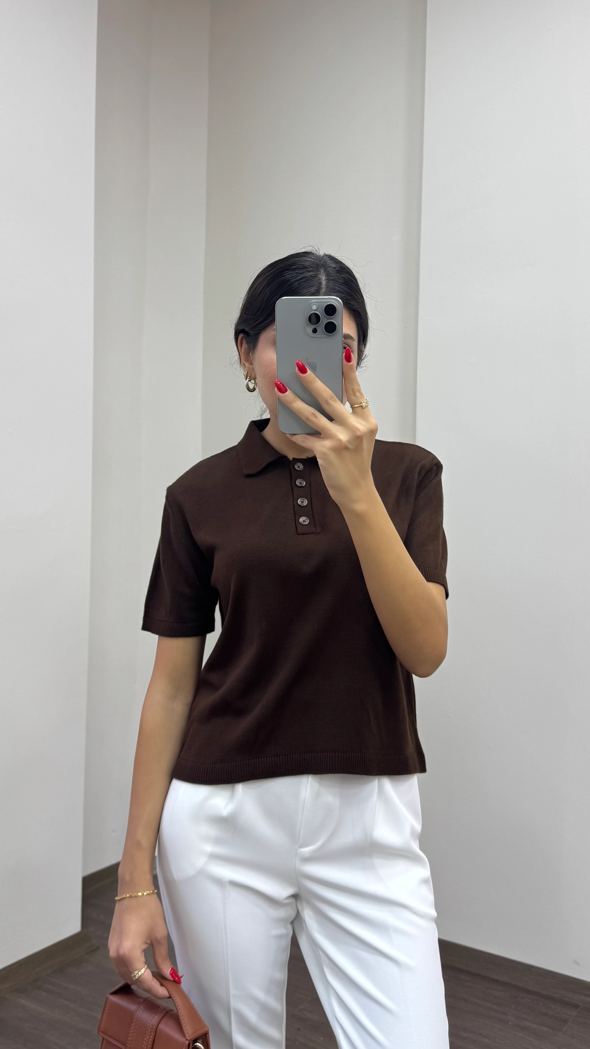 Kadın Kısa Kol Polo Yaka Düğmeli Triko Kazak