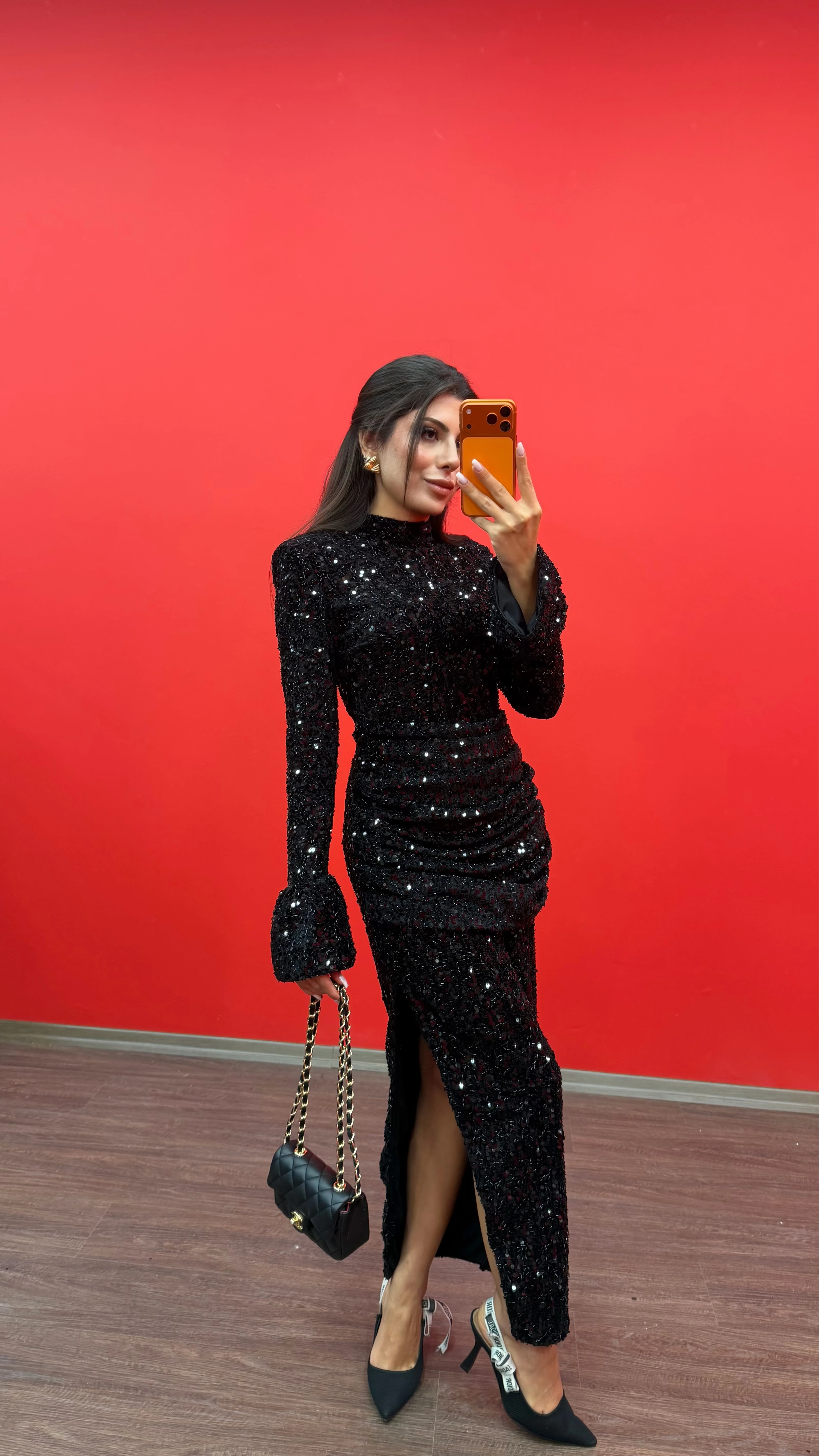 Kadın Payetli Işıltılı Yırtmaçlı Maxi Elbise - SİYAH