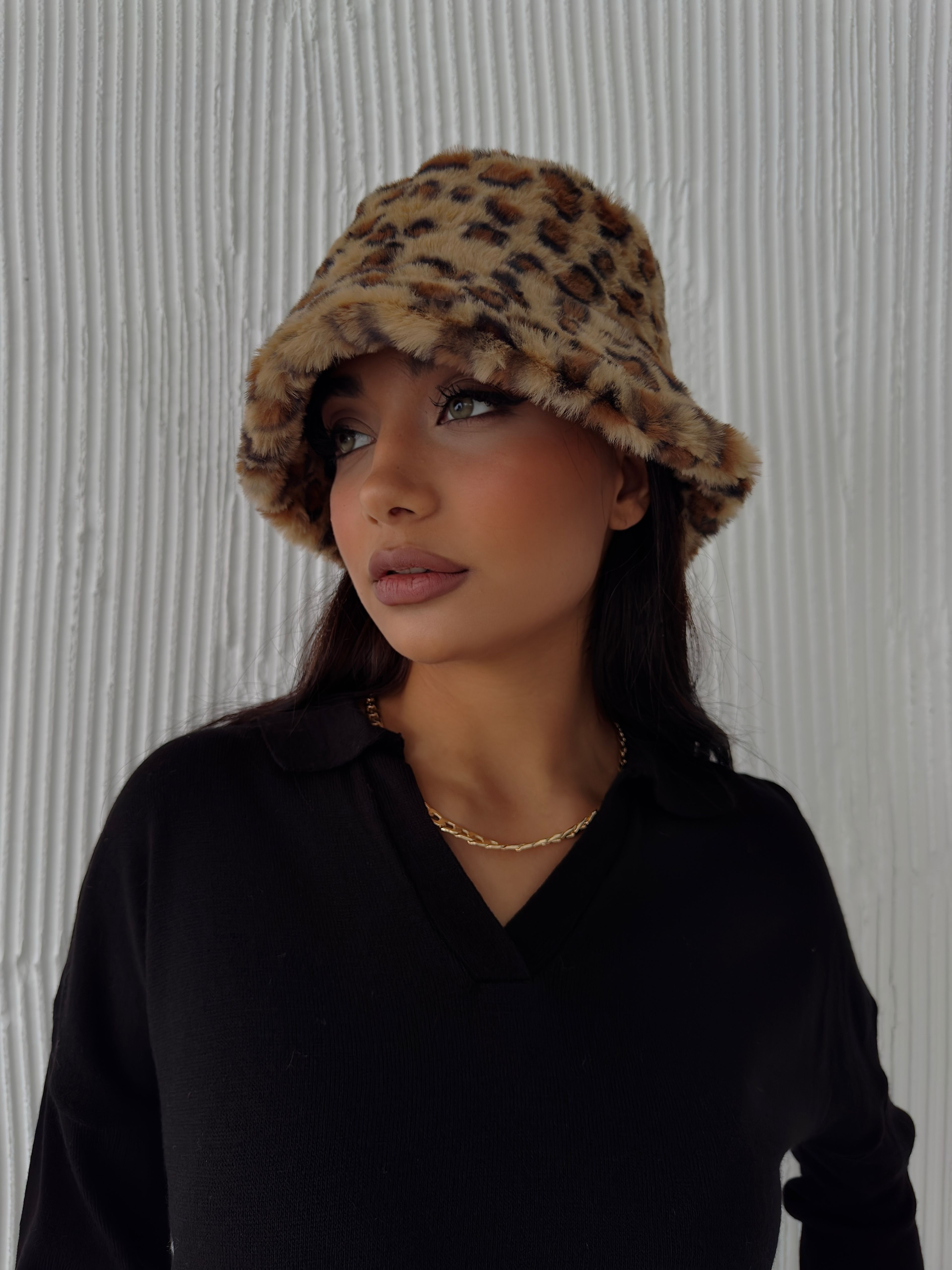 LEOPARD PRINT PLUSH BUCKET WOMEN'S HAT - Camel