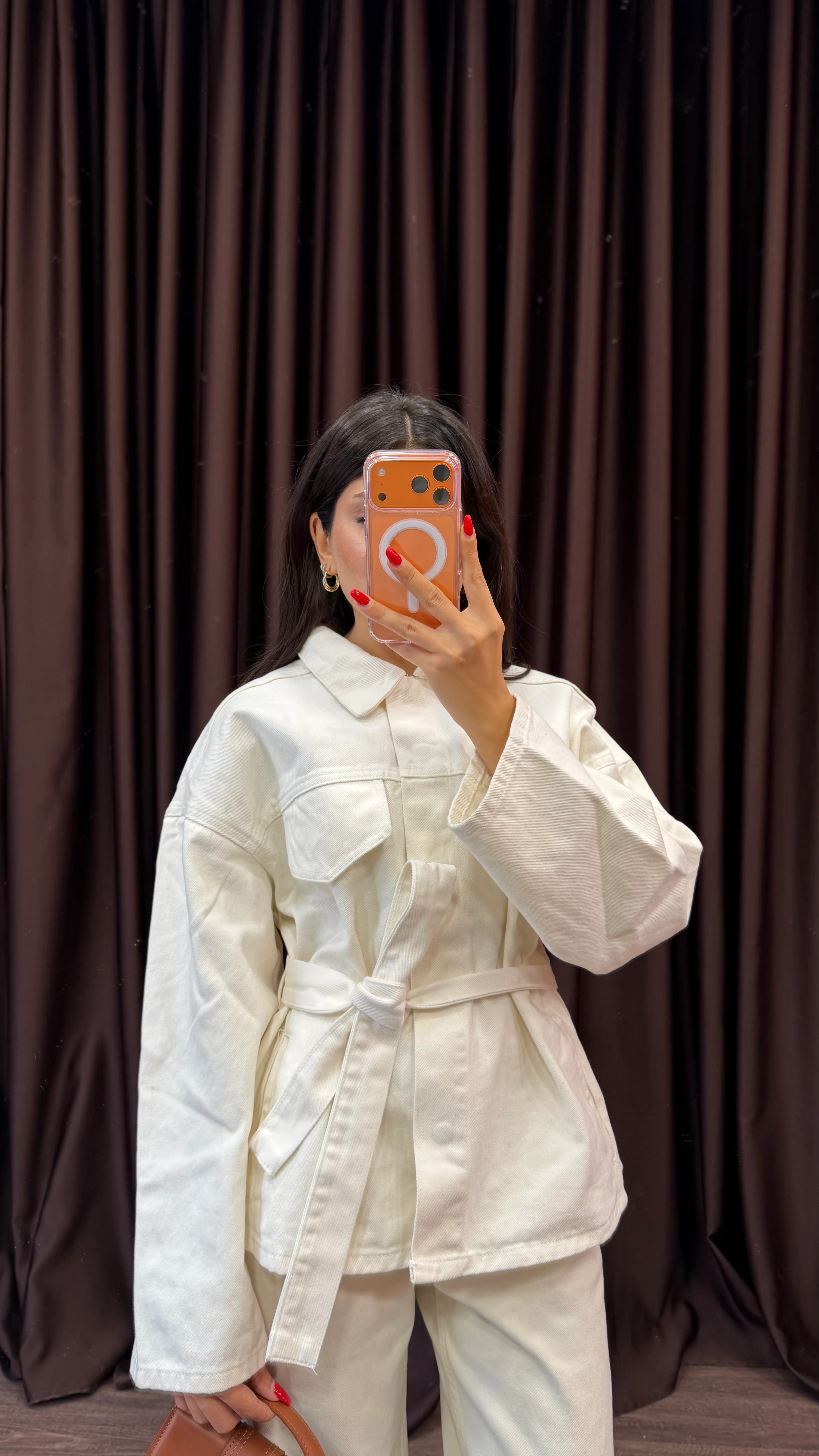 Kadın Yıkamalı Kuşaklı Denim Takım - BEYAZ