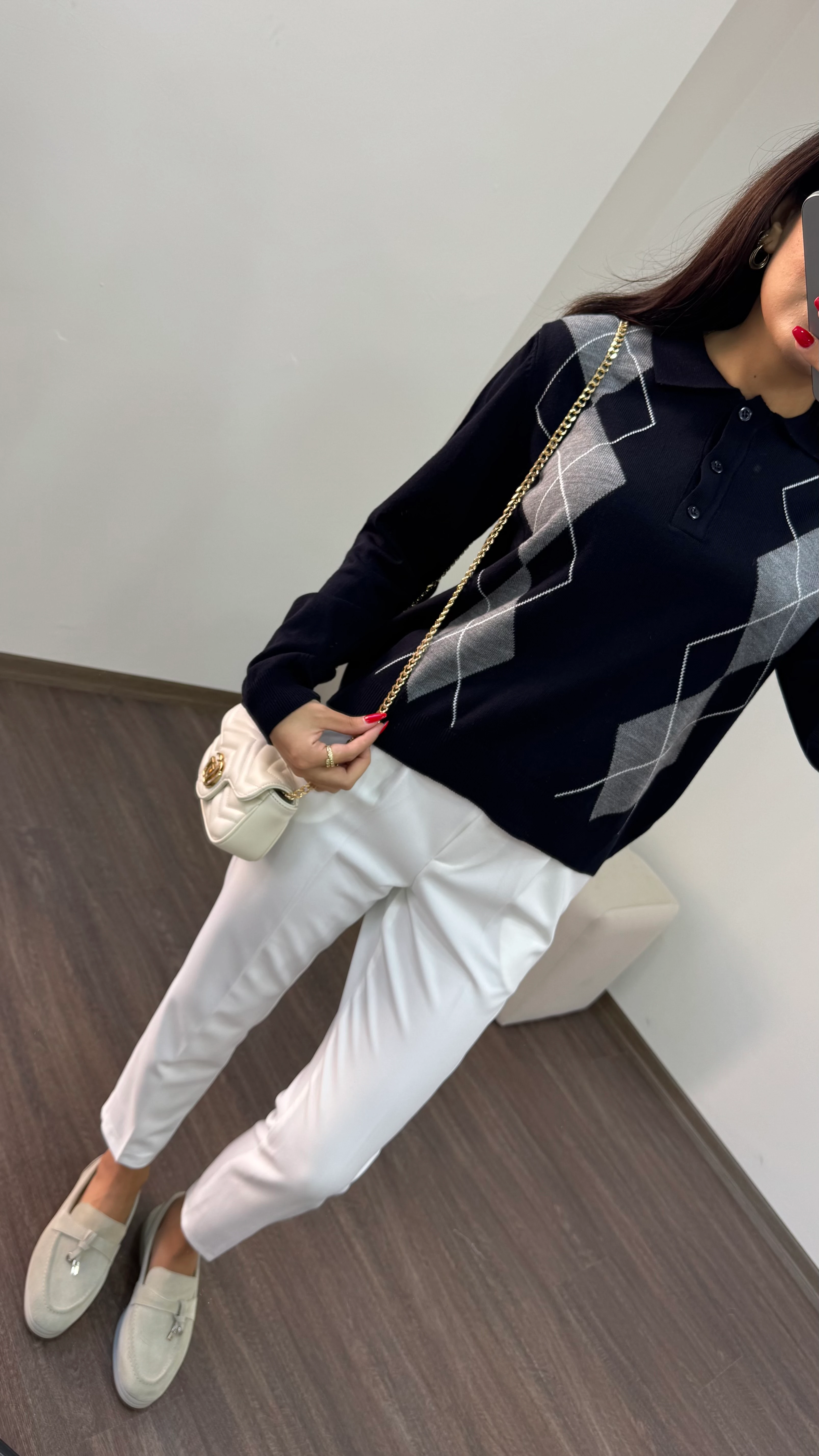 Kadın Polo Yaka Düğmeli Baklava Desen Triko