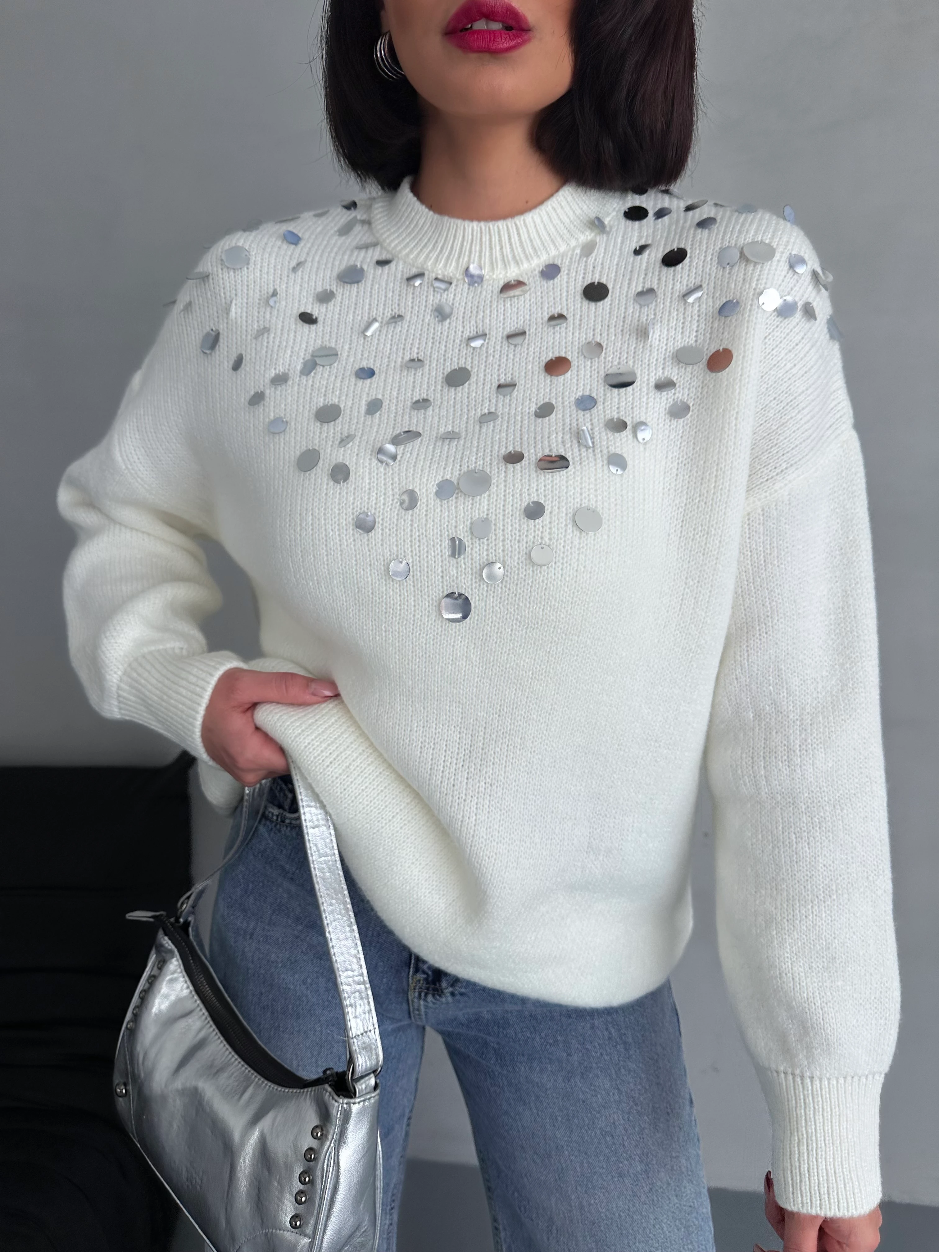 Women's Sequin Knit Sweater - Cream