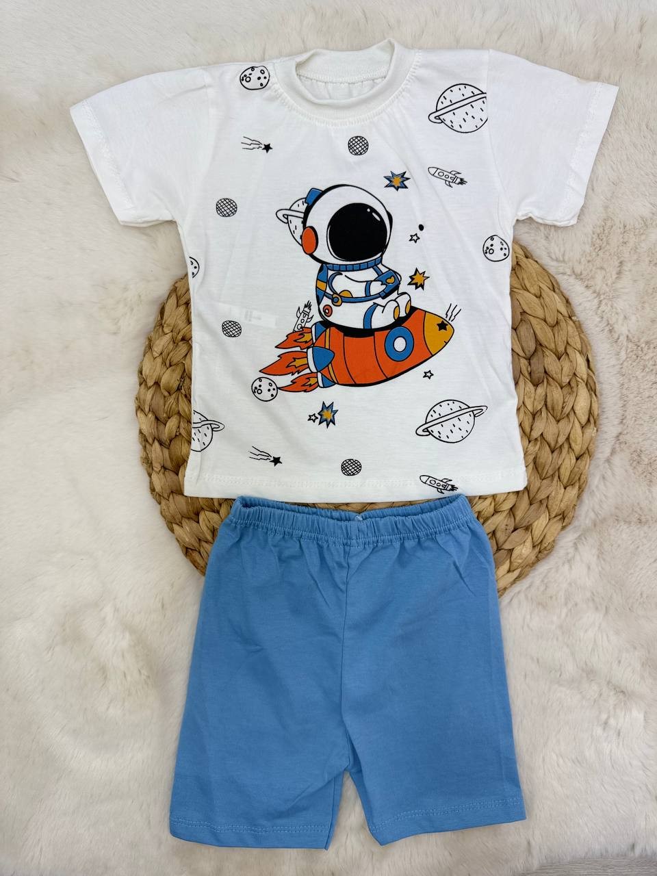 3-12 Ay Astronot Roket Baskılı Penye Takım  - MAVİ