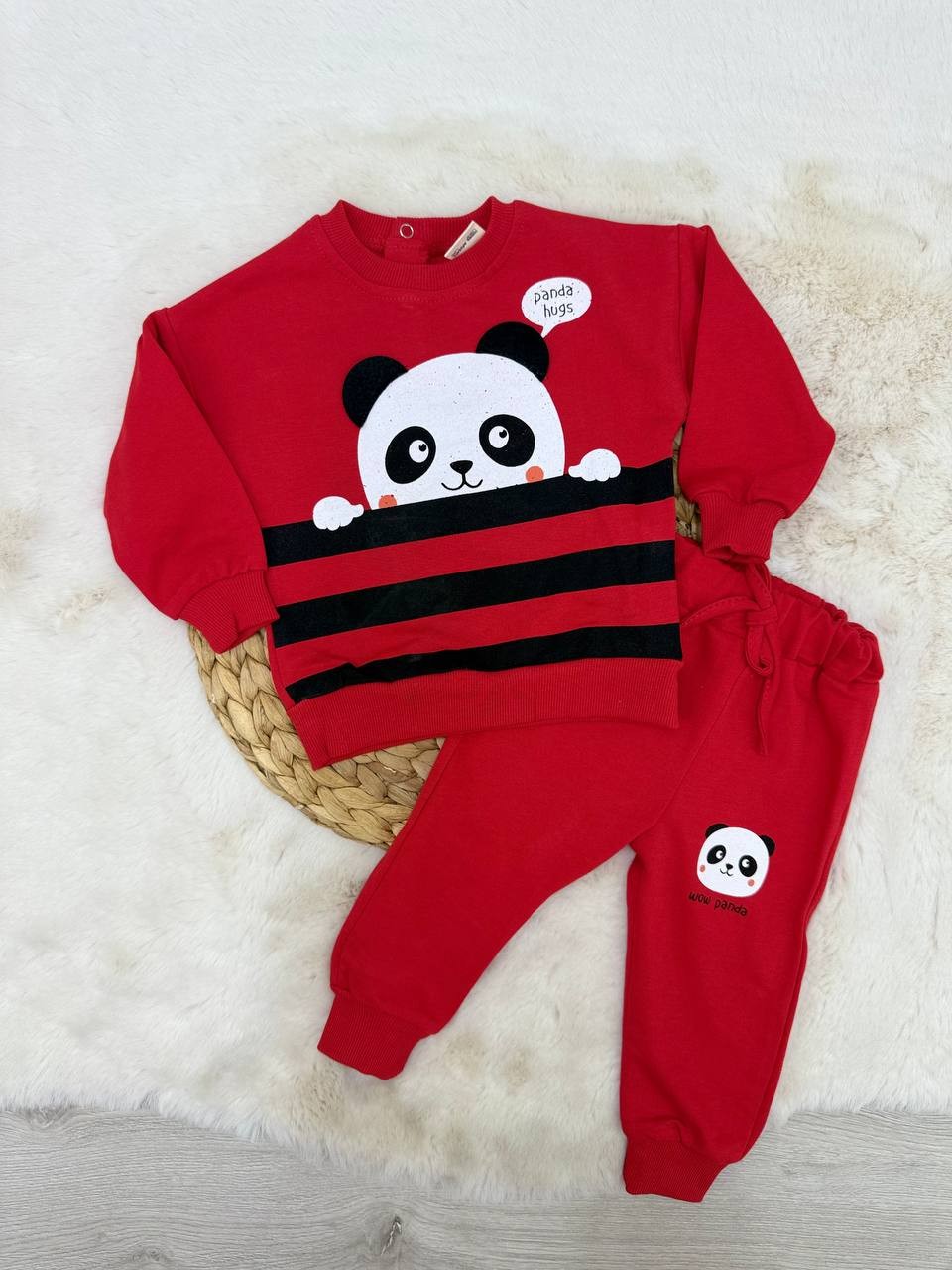 9-24 Ay Panda Çizgili Altı Nakışlı Takım - KIRMIZI