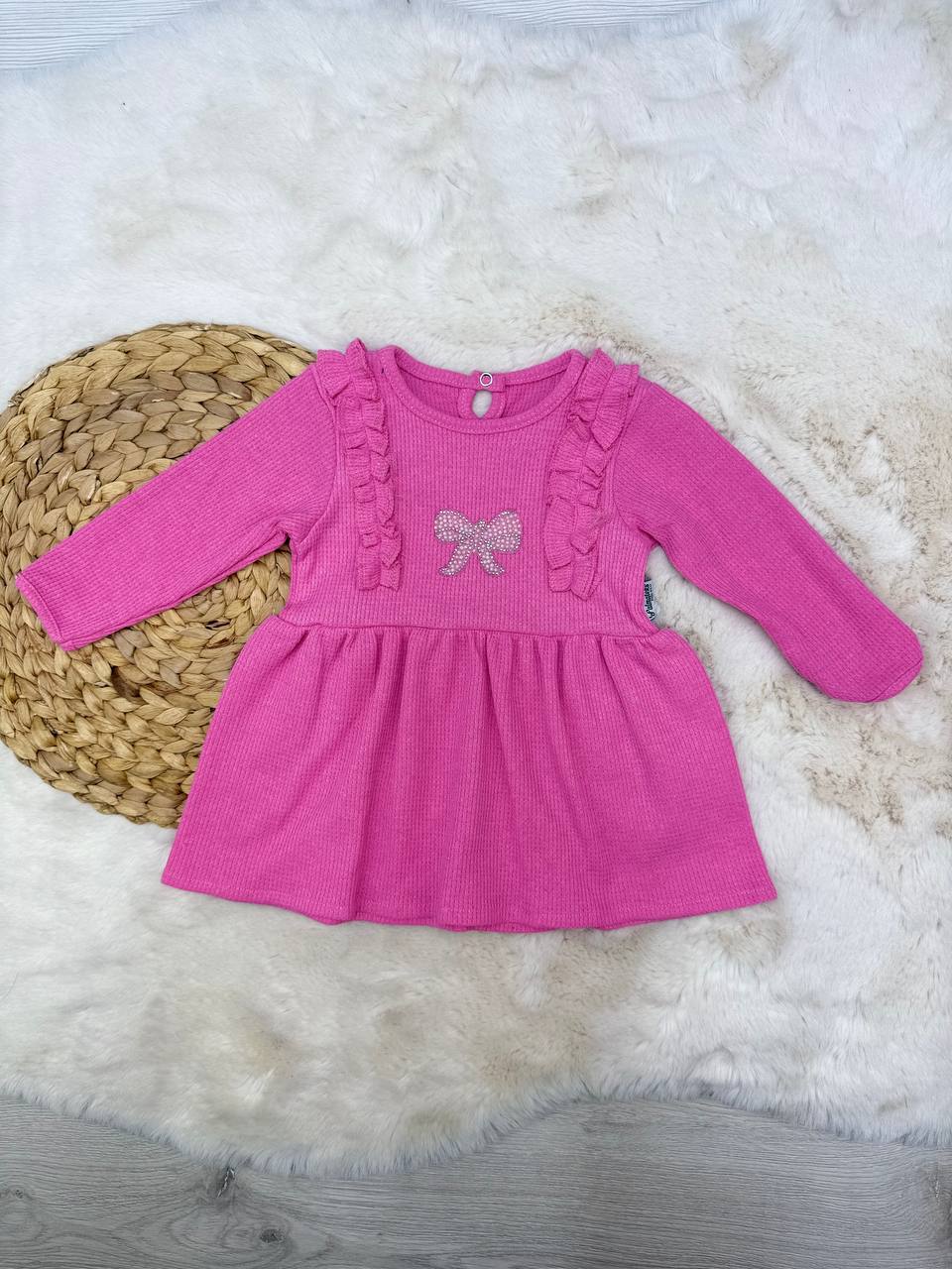 1-4 Yaş Waffle Kumaş Fiyonk Model Elbise - PEMBE