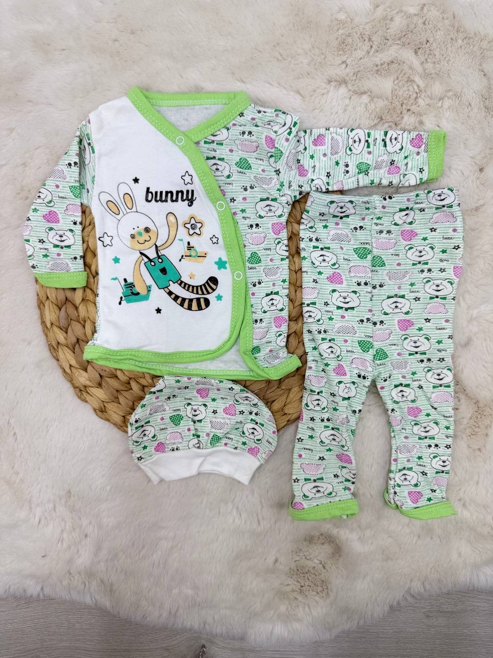 0-3 Ay Bunny Şapkalı 3 lü Takım - YEŞİL