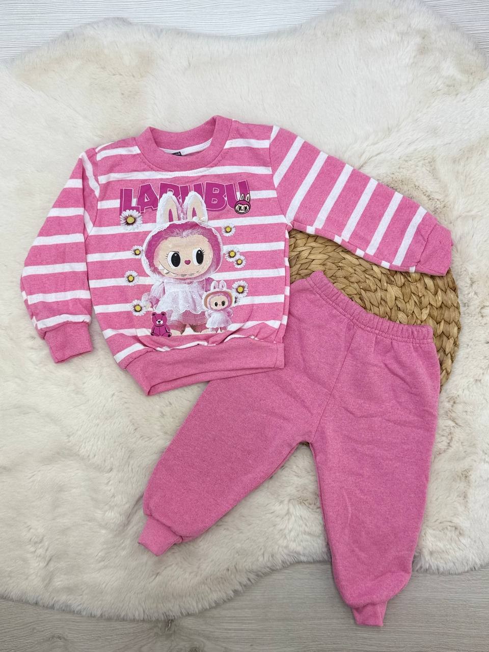 1-10 Yaş Labubu Baskılı Çizgili Takım - PEMBE