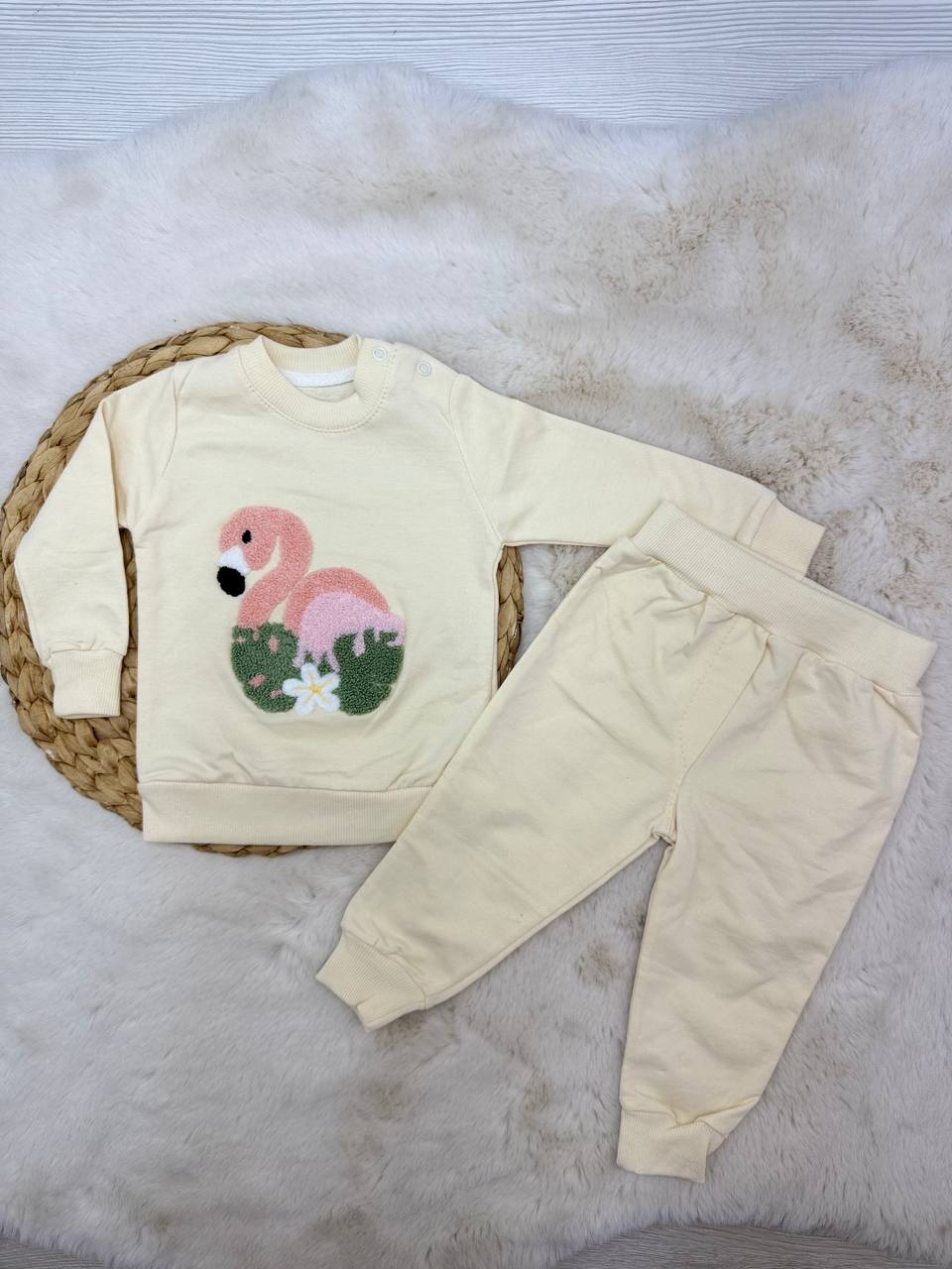 6-24 Ay Flamingo Nakışlı Kız Takım - EKRU