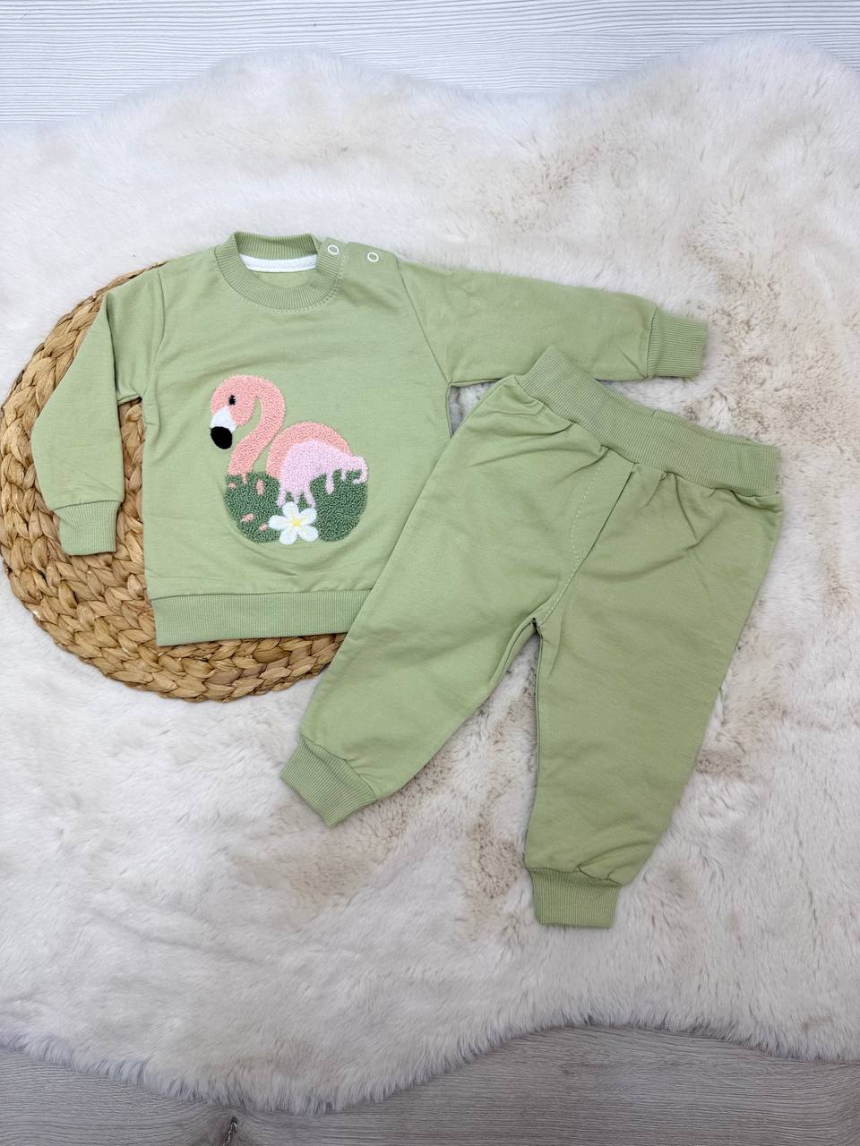 6-24 Ay Flamingo Nakışlı Kız Takım - YEŞİL