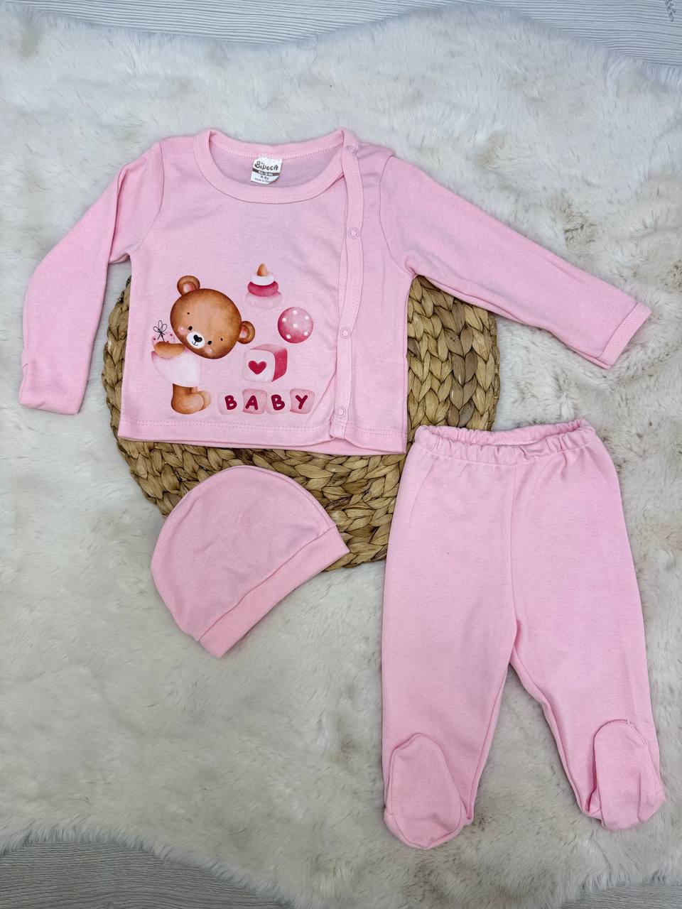 0-6 Ay Ayıcık Baby Baskılı Kendinden Eldivenli Hastane Çıkışı - PEMBE