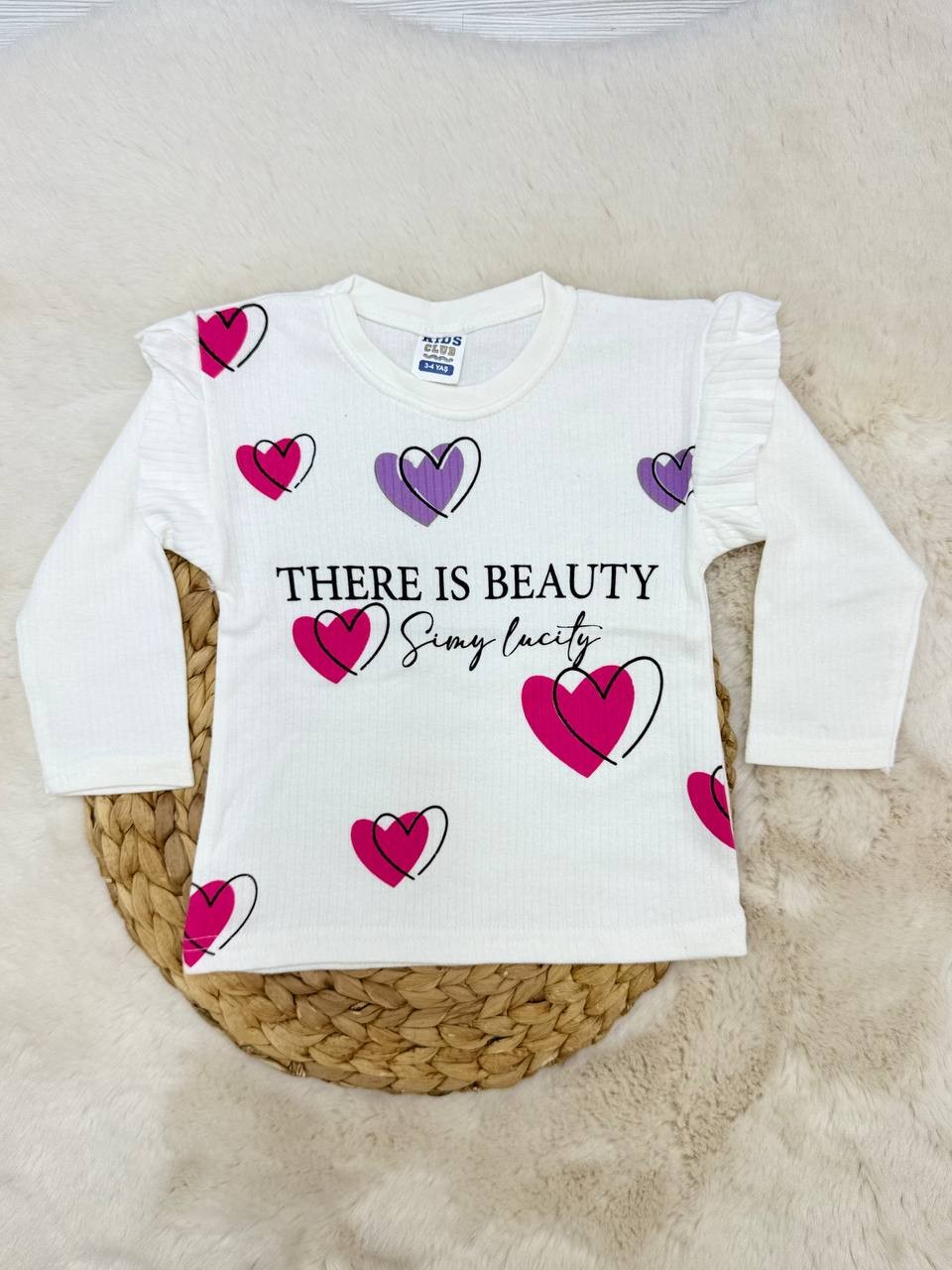 3-12 Yaş Beauty Baskılı Fırfırlı Kız Sweatshirt - EKRU