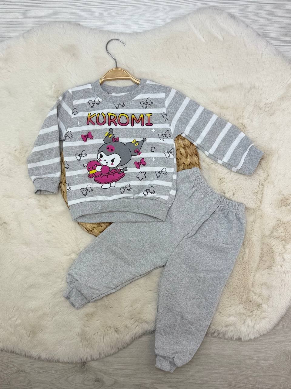 1-10 Yaş Kuromi Baskılı Çizgili Takım - GRİ